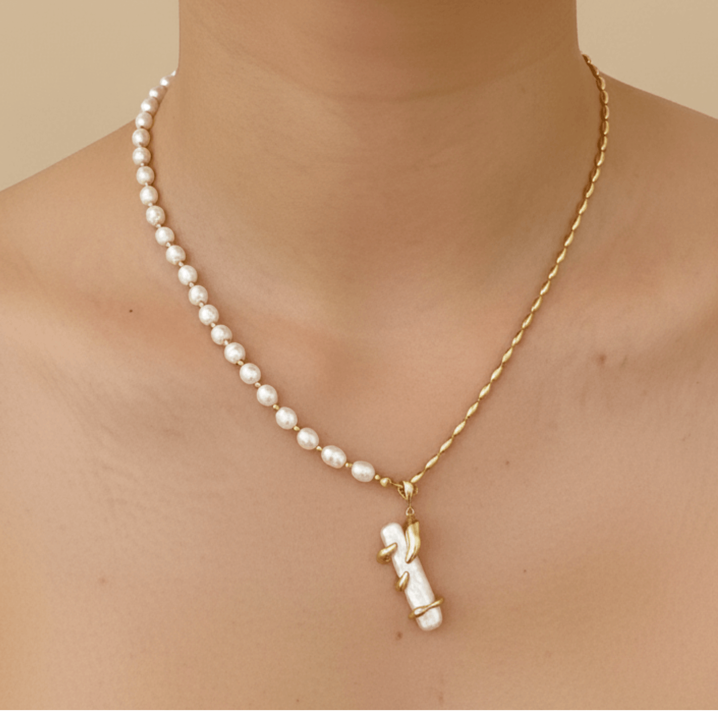 Gold Vine Wrapped Pearl Necklace