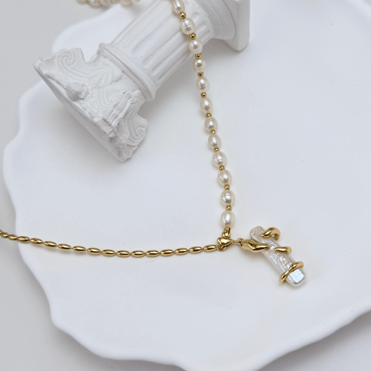 Gold Vine Wrapped Pearl Necklace