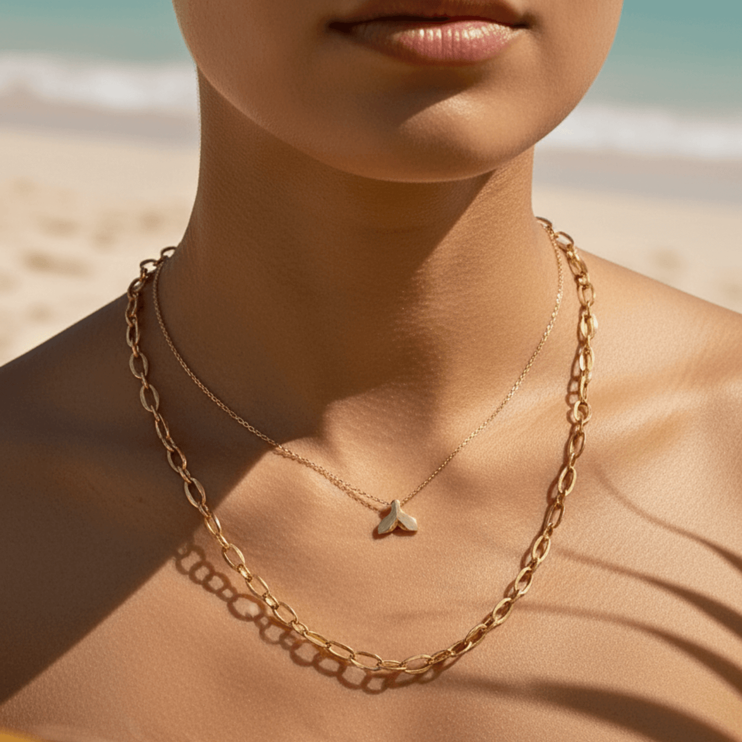 Gold whale tail pendant necklace symbolising ocean strength and freedom.