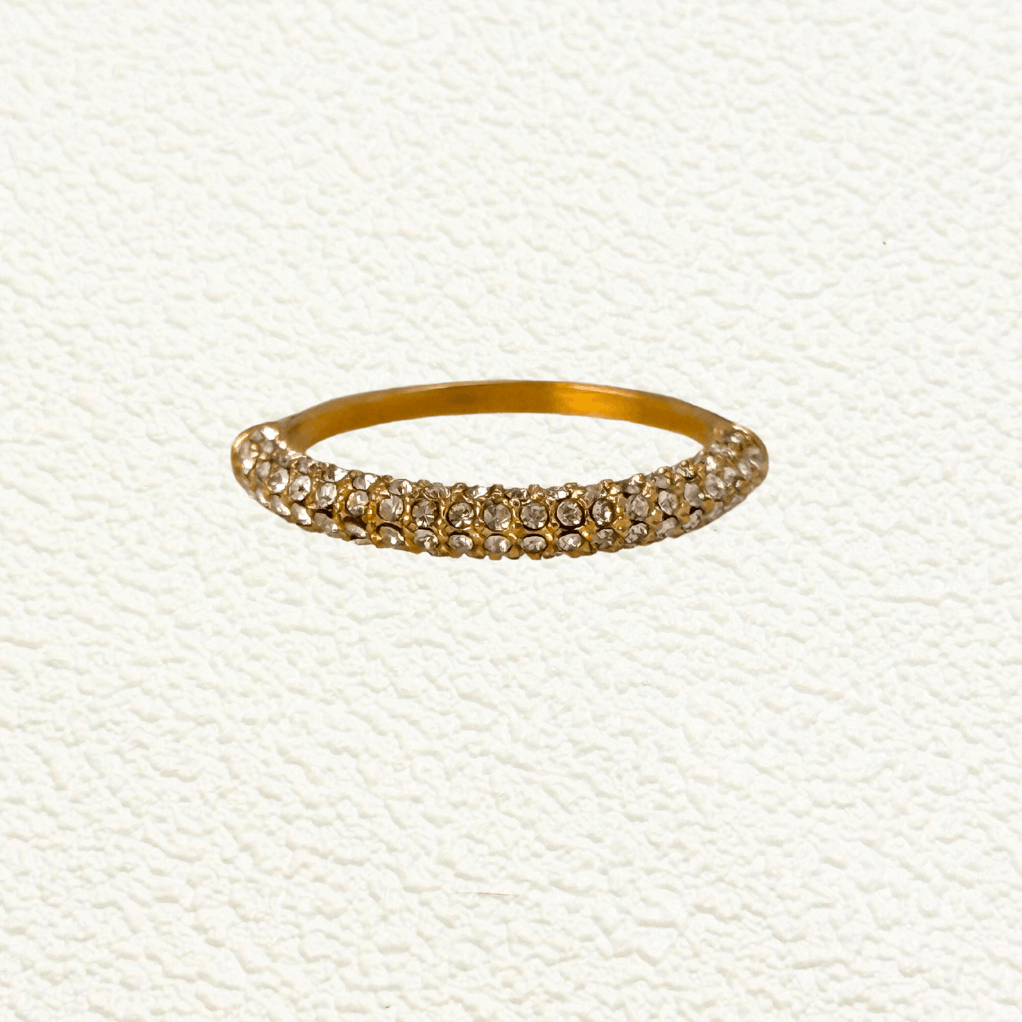 gold zircon pave stacking ring in waterproof gold-plated stainless steel, designed for stacking and everyday wear.