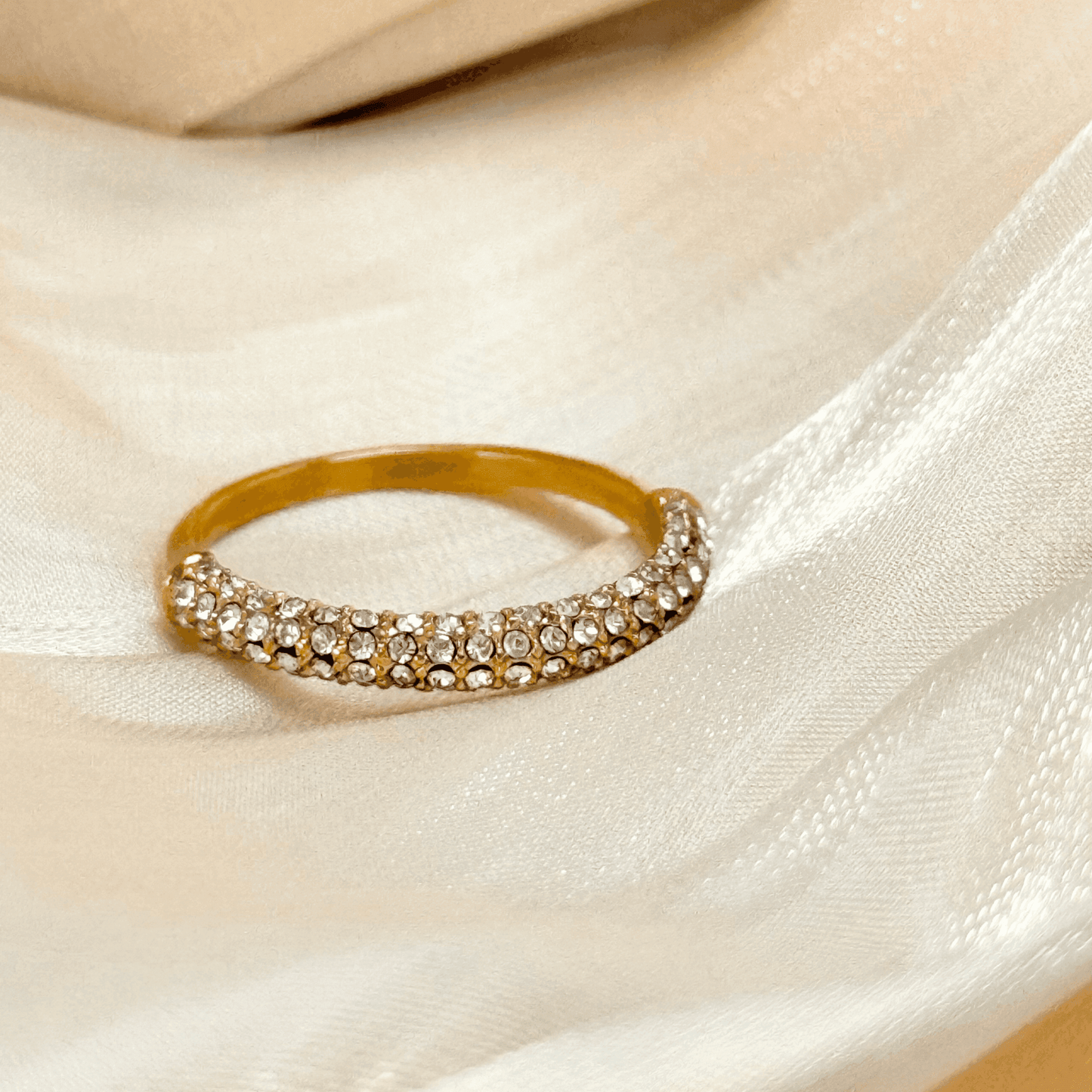 gold zircon pave stacking ring in waterproof gold-plated stainless steel, designed for stacking and everyday wear.