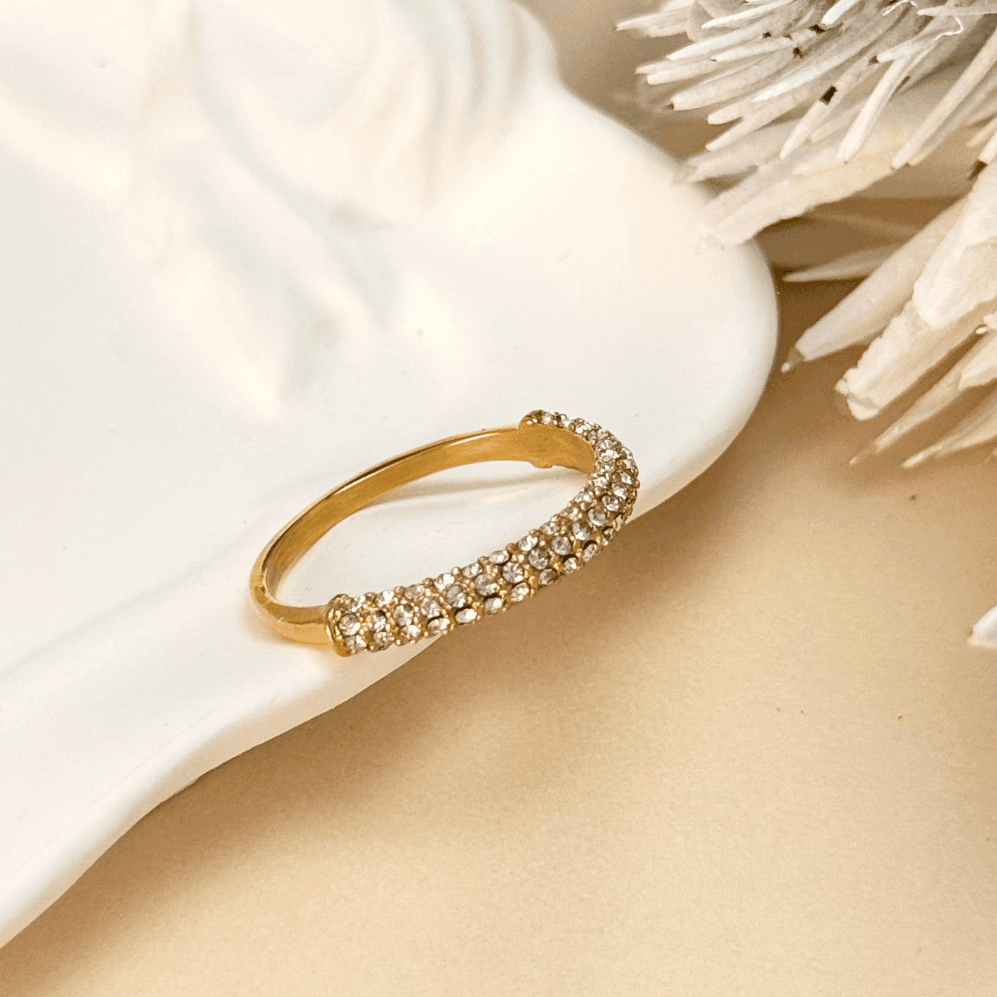 gold zircon pave stacking ring in waterproof gold-plated stainless steel, designed for stacking and everyday wear.