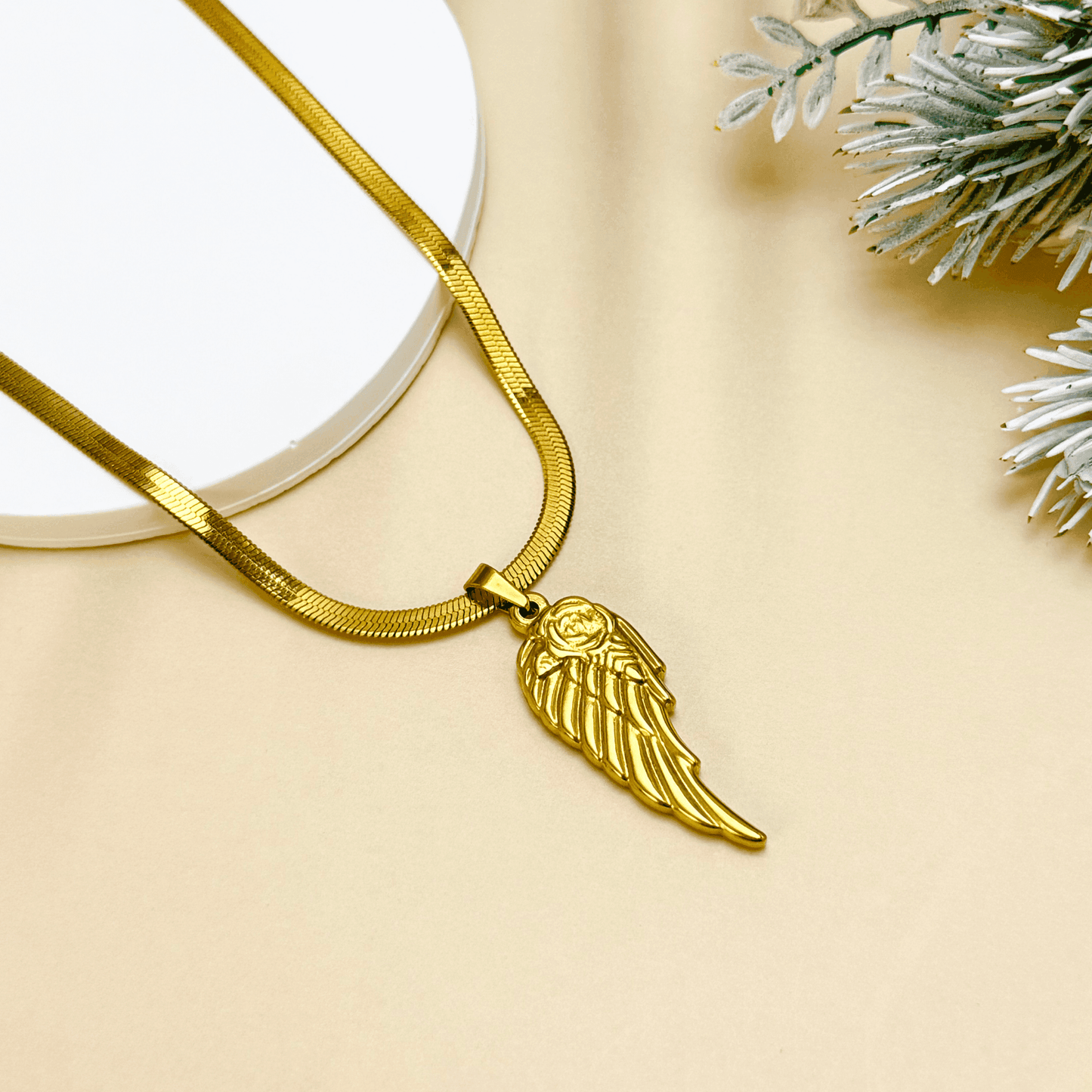 gold angel wing pendant necklace with rose detail, stainless steel jewellery with herringbone chain, dainty meaningful gold necklace for women, tarnish-resistant gift from MXW Jewellery Australia