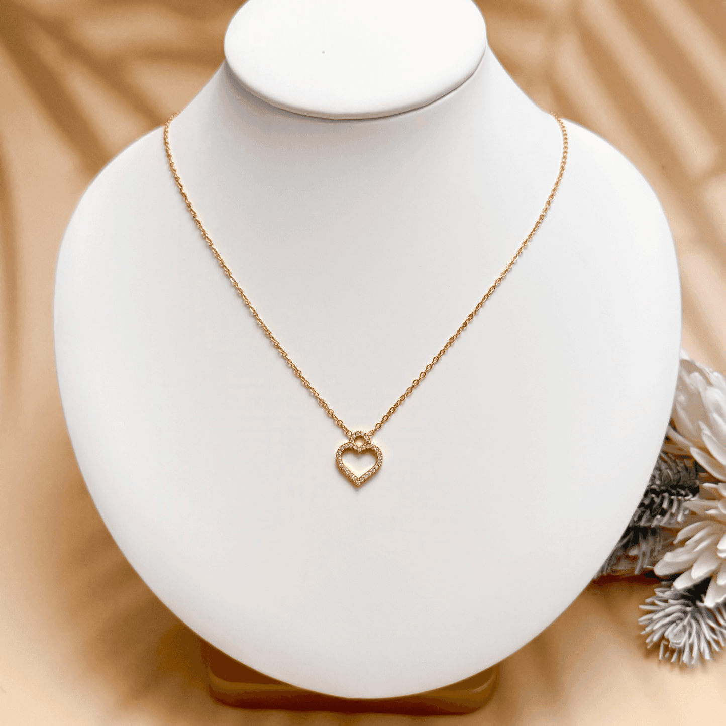 Gold-plated stainless steel heart necklace with zircon accents, dainty and waterproof