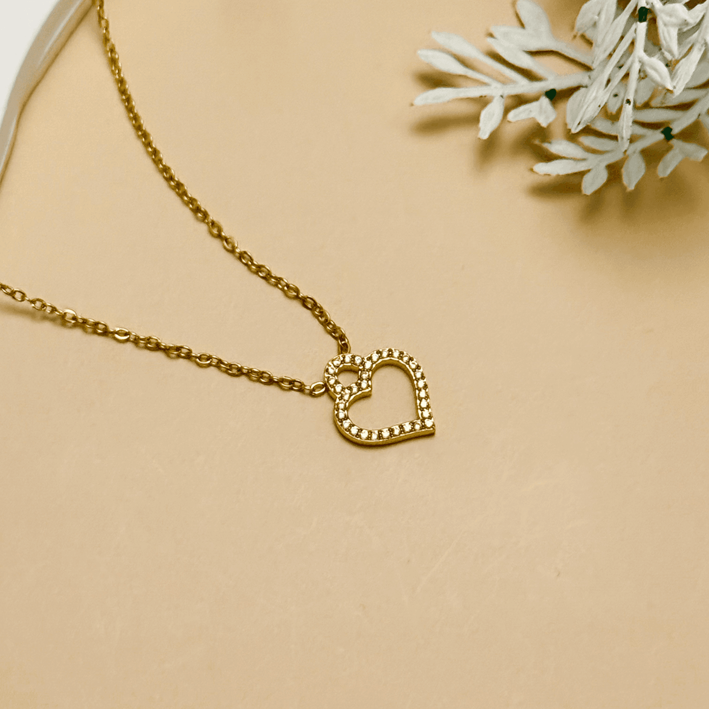 Gold-plated stainless steel heart necklace with zircon accents, dainty and waterproof
