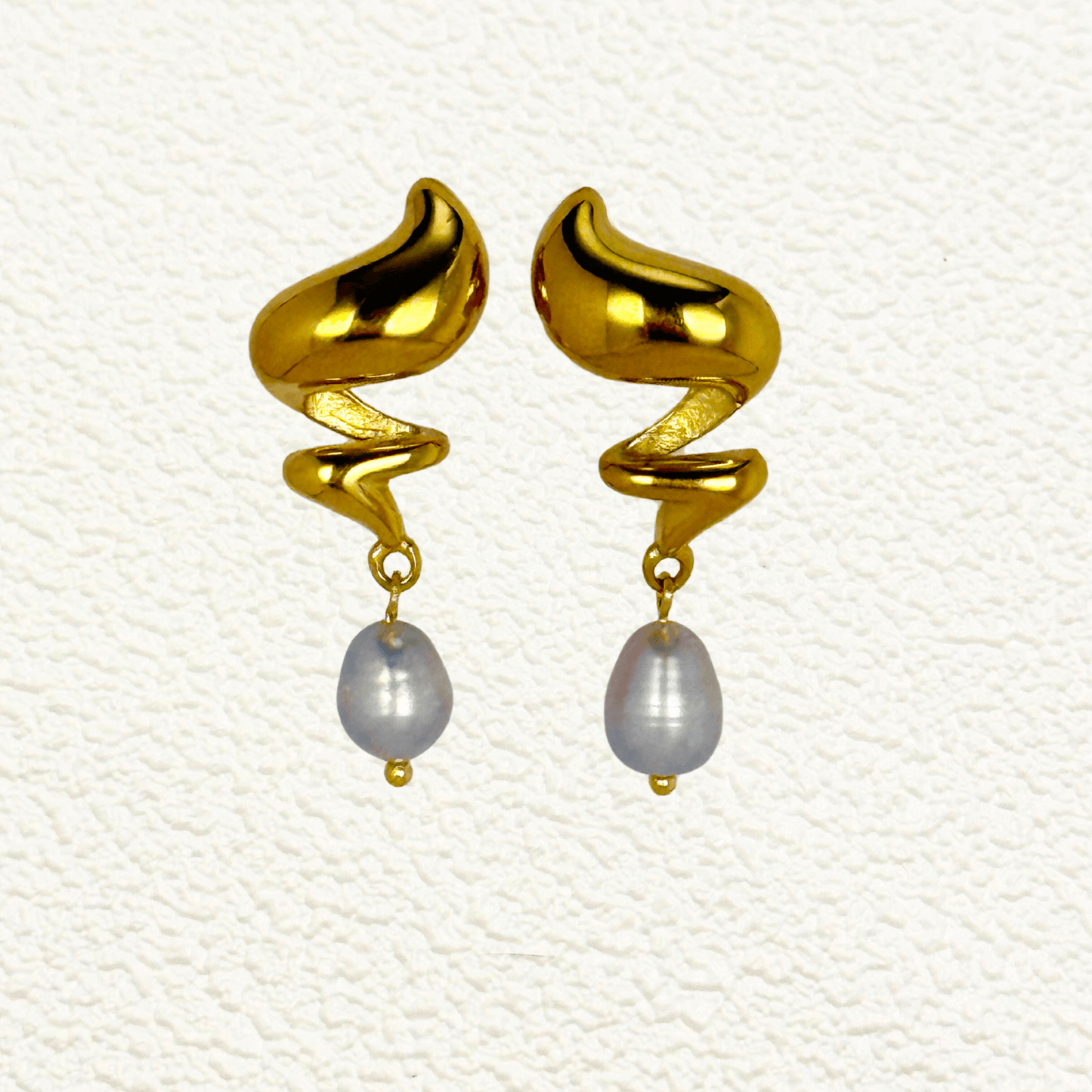 Gold sculptural twist earrings with grey freshwater pearls, modern waterproof PVD gold pearl drop earrings