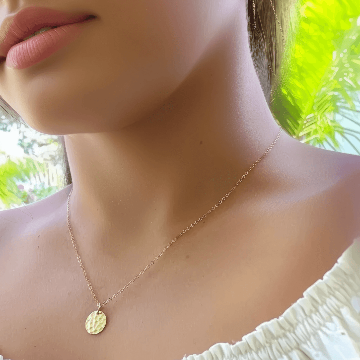hammered gold disc pendant necklace in 14k gold-filled finish, waterproof minimalist layering jewellery