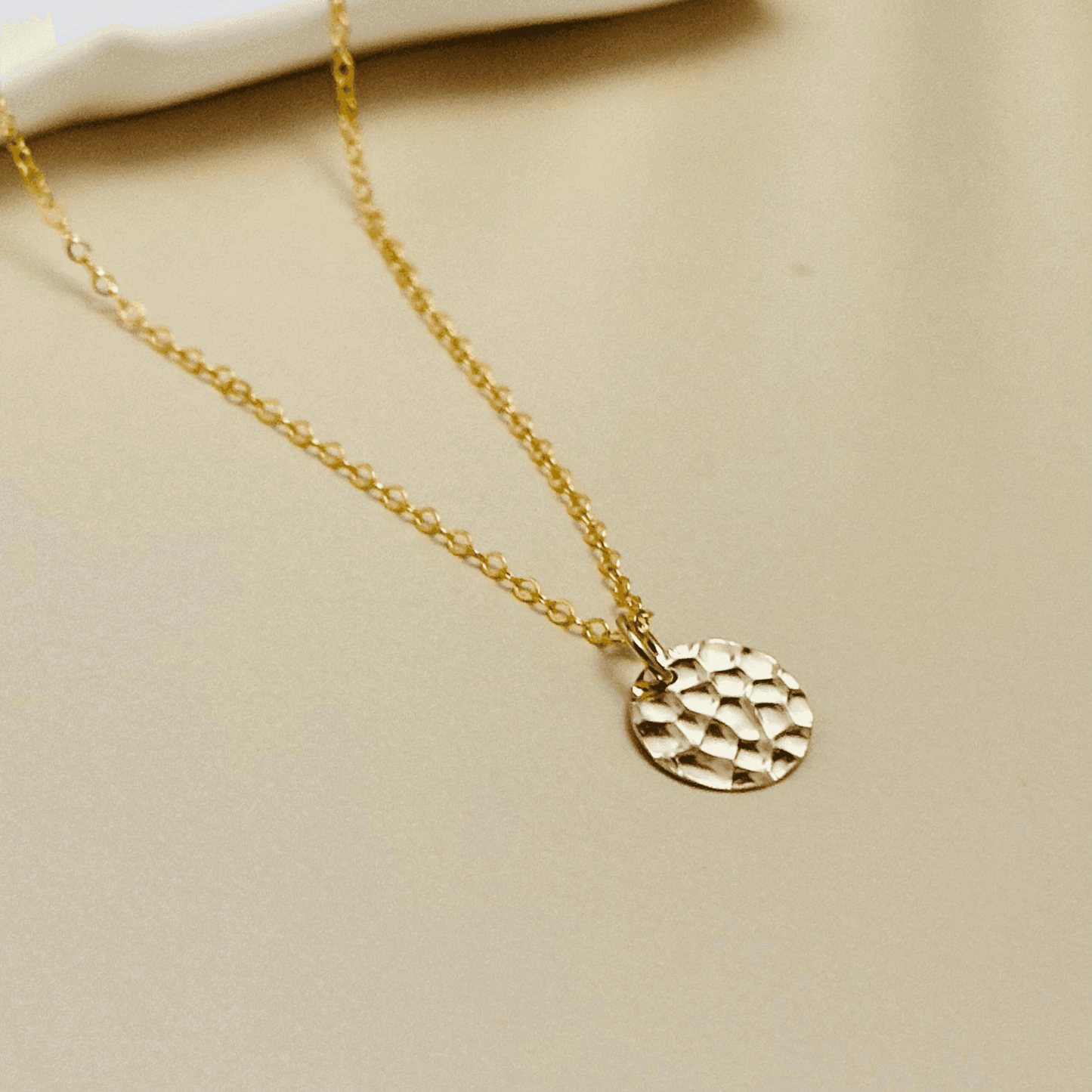 hammered gold disc pendant necklace in 14k gold-filled finish, waterproof minimalist layering jewellery