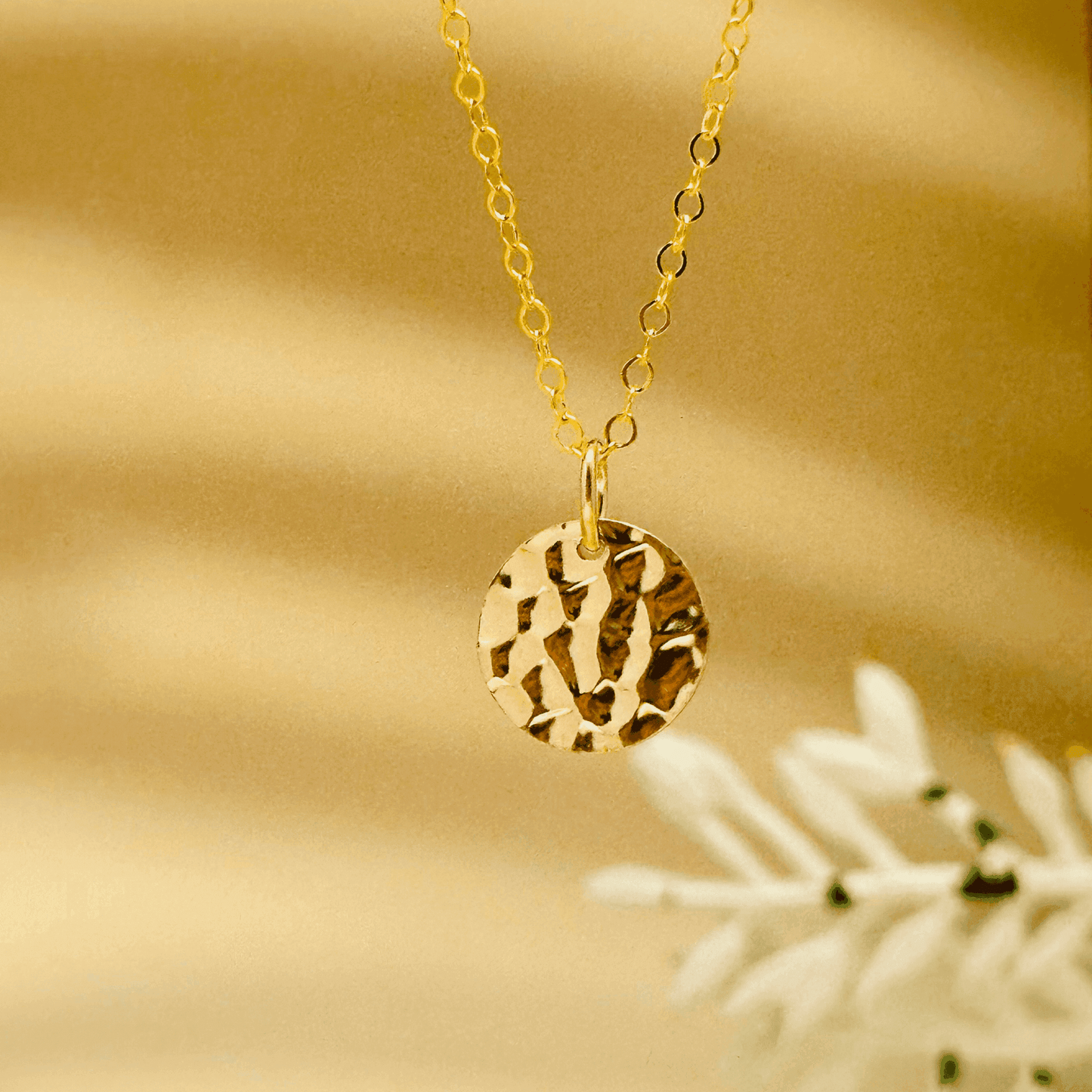 hammered gold disc pendant necklace in 14k gold-filled finish, waterproof minimalist layering jewellery