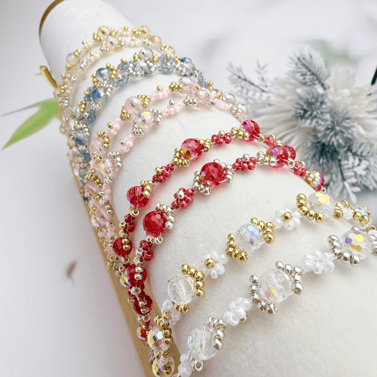 Handmade red ruby daisy flower beaded bracelet with Japanese glass beads and gold or silver accents
