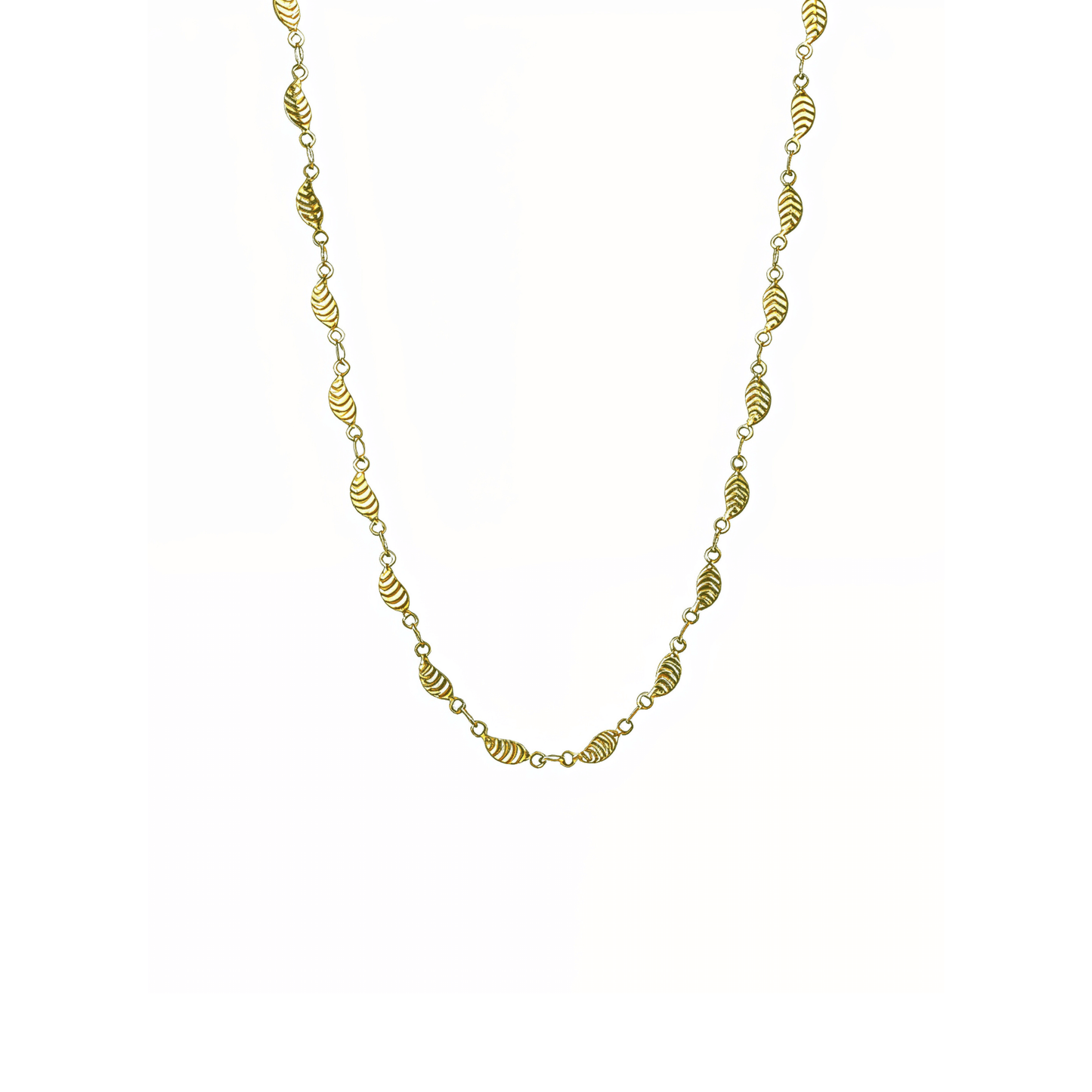 Elegant waterproof gold chain featuring textured leaf links with a minimalist, nature-inspired design