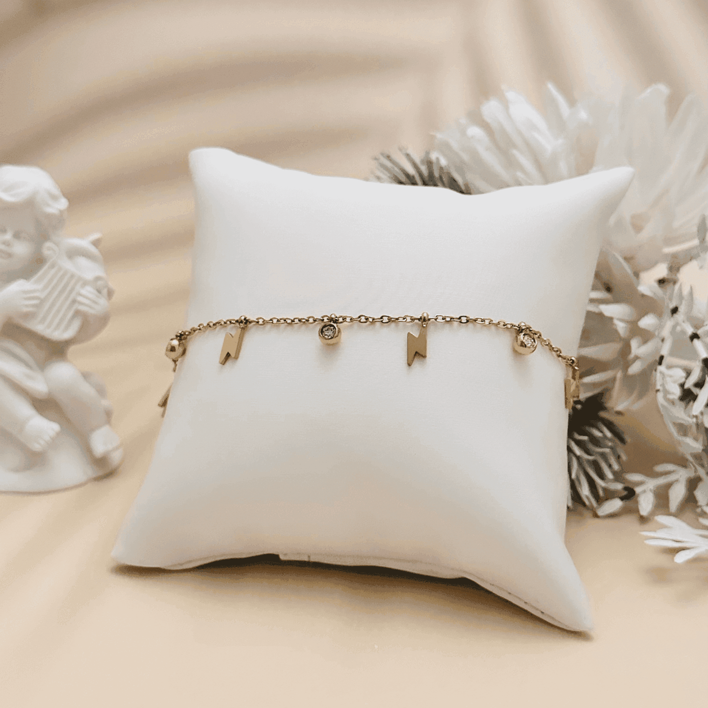Lightning Bolt & Zircon Gold Necklace or Bracelet– waterproof gold-plated stainless steel with zircon stones and lightning bolt charms