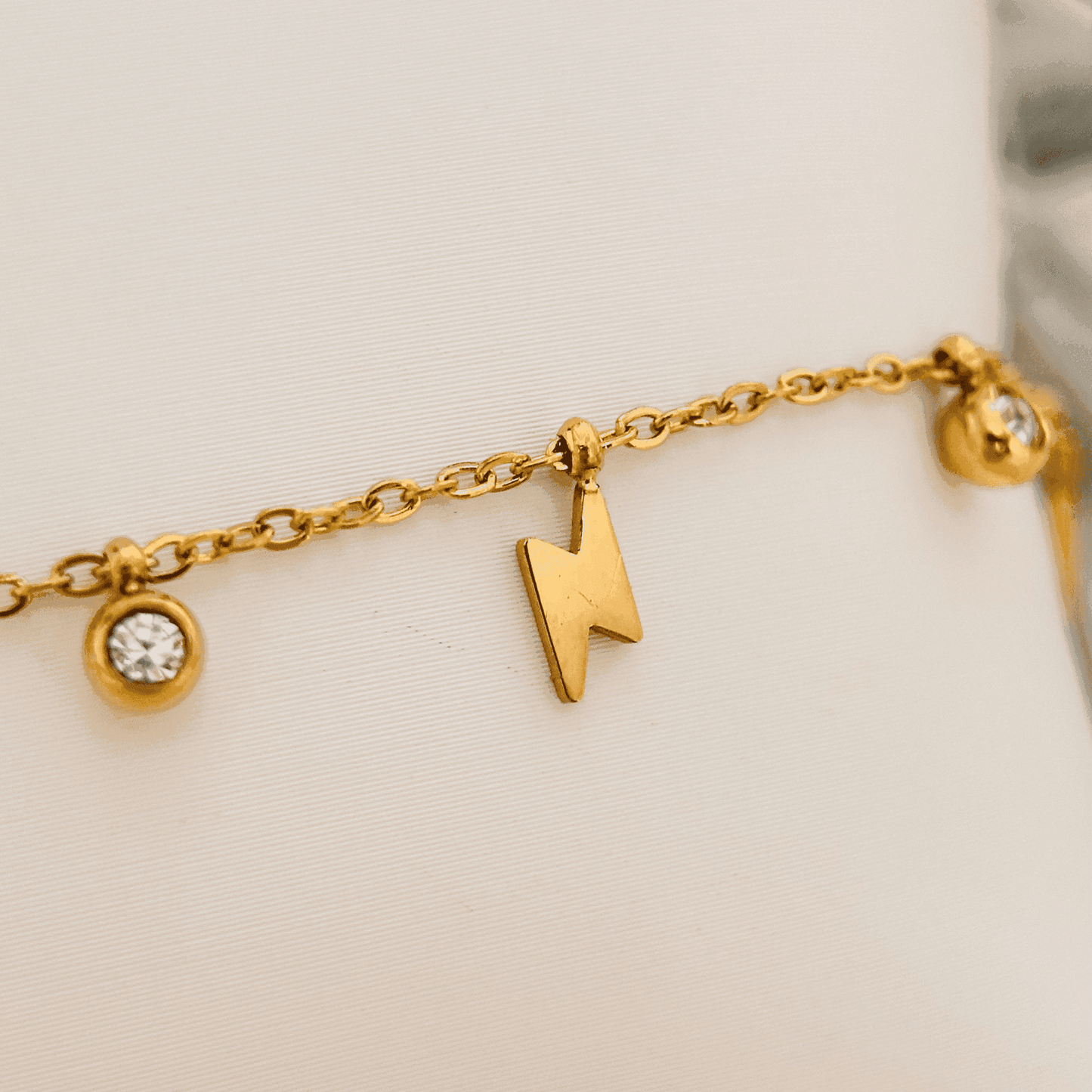 Lightning Bolt & Zircon Gold Necklace or Bracelet – waterproof gold-plated stainless steel with zircon stones and lightning bolt charms