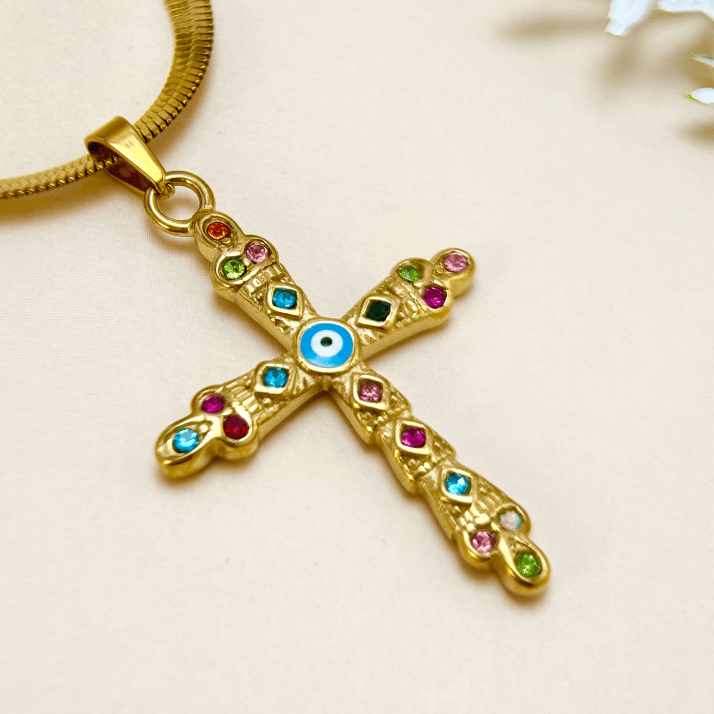 Zarelle – Multicolour Zircon Evil Eye Cross Pendant Necklace