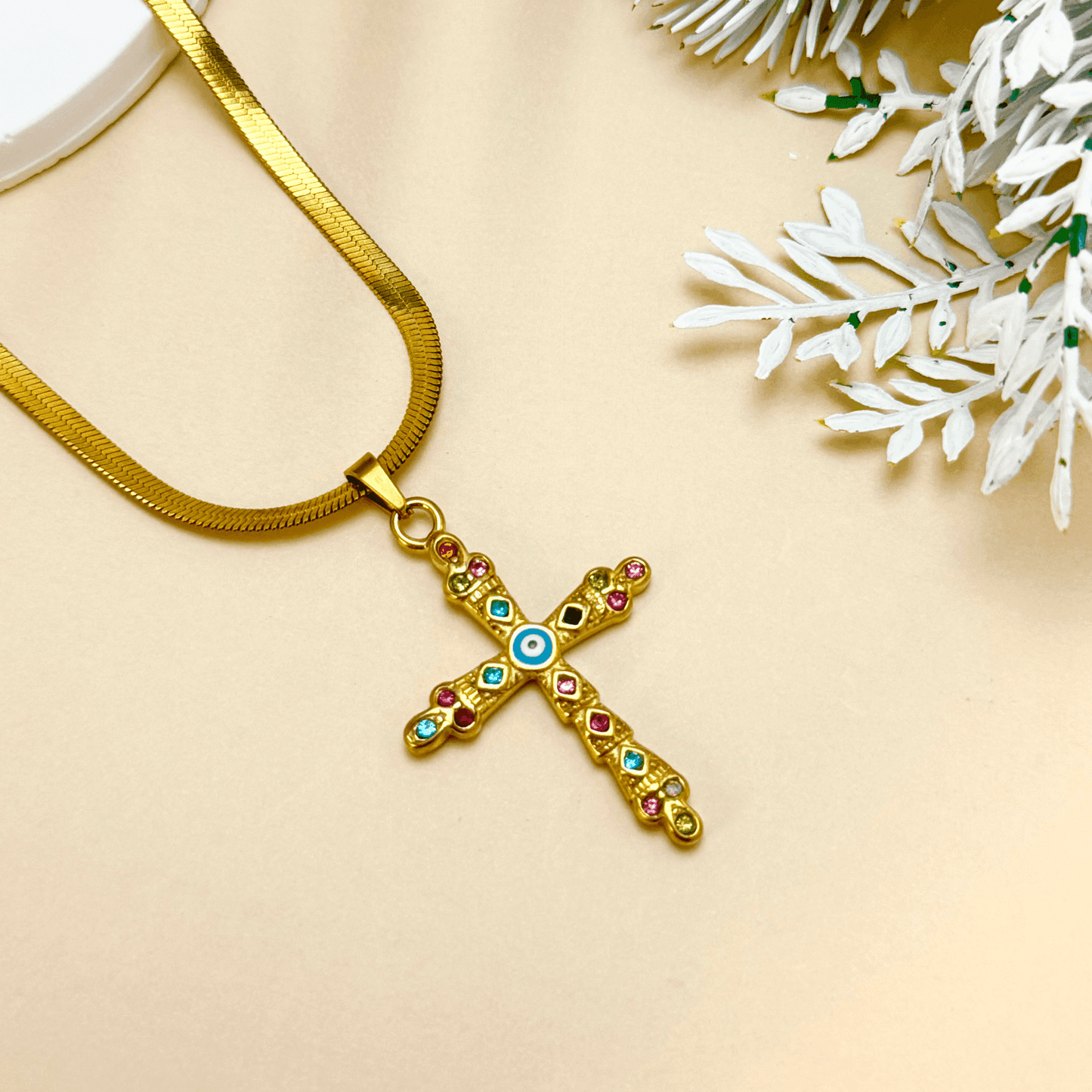 Zarelle – Multicolour Zircon Evil Eye Cross Pendant Necklace