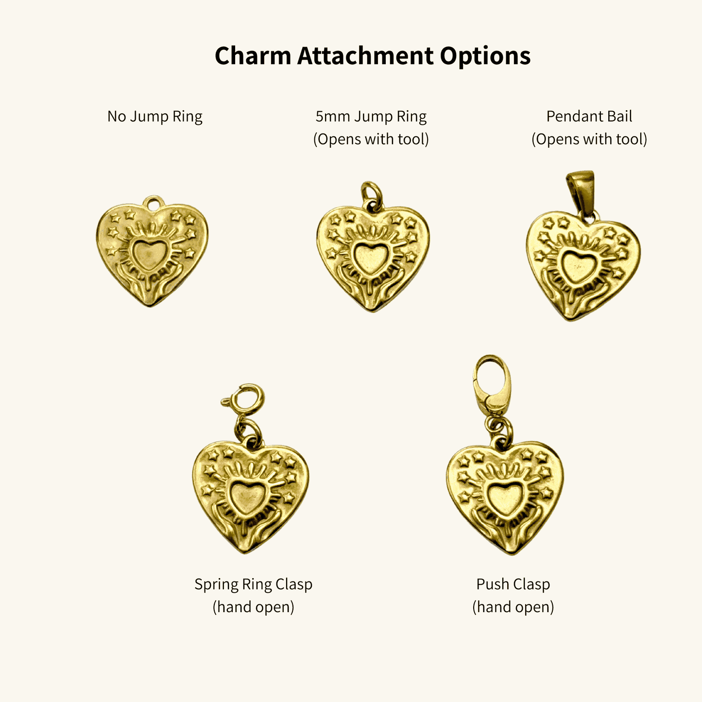 Charm attachment options – no jump ring, 5mm jump ring, pendant bail, spring ring clasp, push clasp – MXW Jewellery