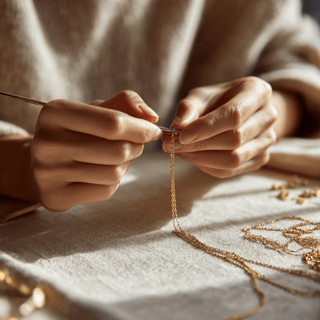 MXW Jewellery artisan hand-crafting fine gold chain, showcasing handmade craftsmanship and lasting quality.