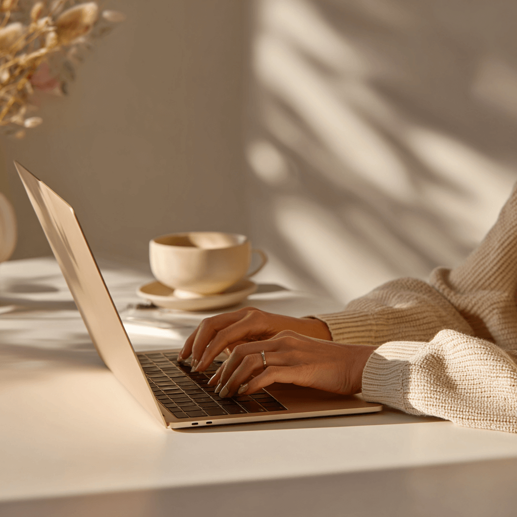 Woman replying to customer email on laptop in a warm, minimalist studio, representing MXW Jewellery’s friendly and responsive customer service.