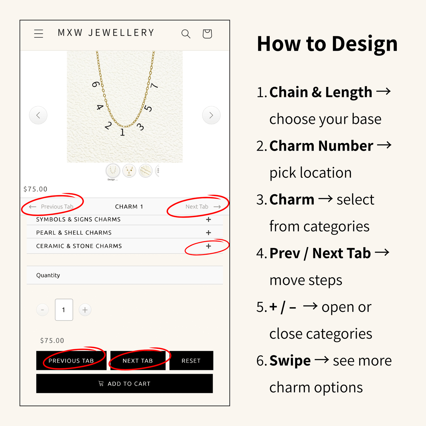 MXW Jewellery website interface with a necklace and step-by-step guide on how to design charm necklace.