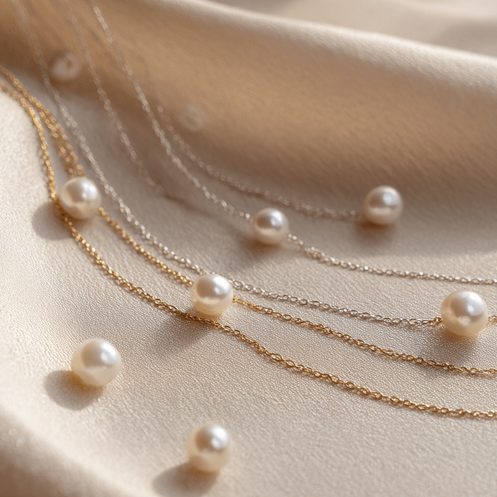 Gold and silver chains with loose freshwater pearls on a soft beige fabric background, symbolising MXW Jewellery’s quality materials and craftsmanship.