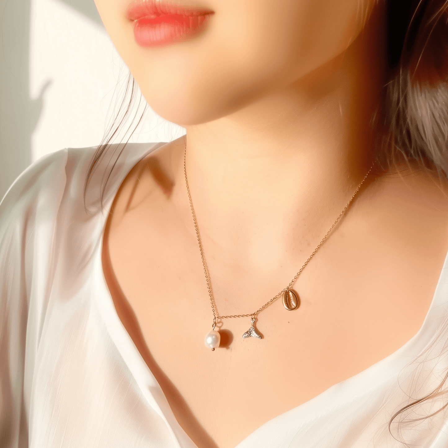 Gold necklace with pearl, whale tail, and shell charms on dainty waterproof chain