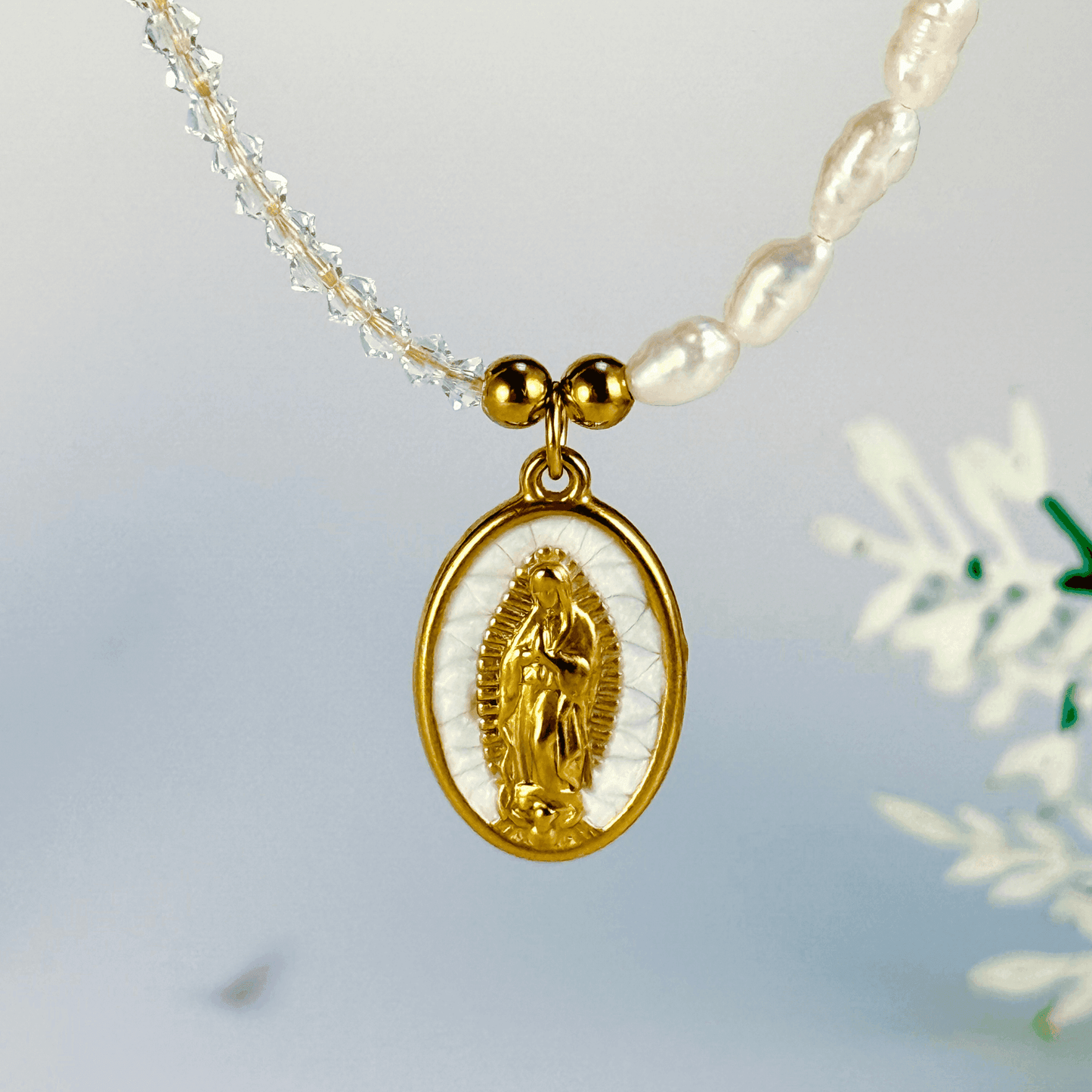 Our Lady charm necklace handcrafted with keshi pearls and Swarovski crystals – elegant, meaningful, and waterproof.