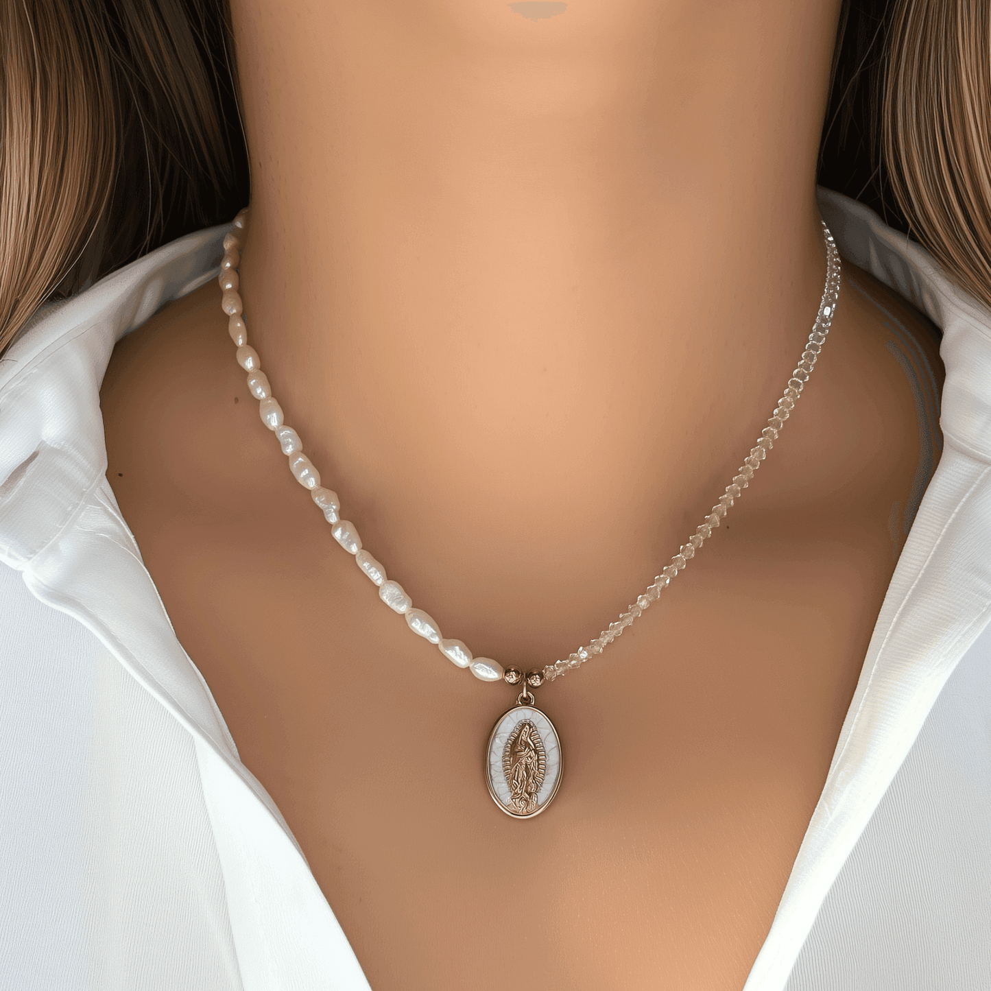 Our Lady charm necklace handcrafted with keshi pearls and Swarovski crystals – elegant, meaningful, and waterproof.