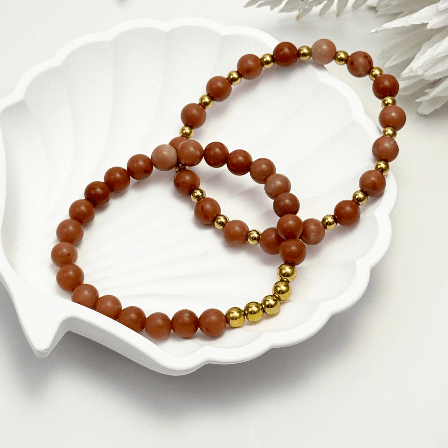 peach jade stretch bracelet set with gold accents – natural gemstone jewellery