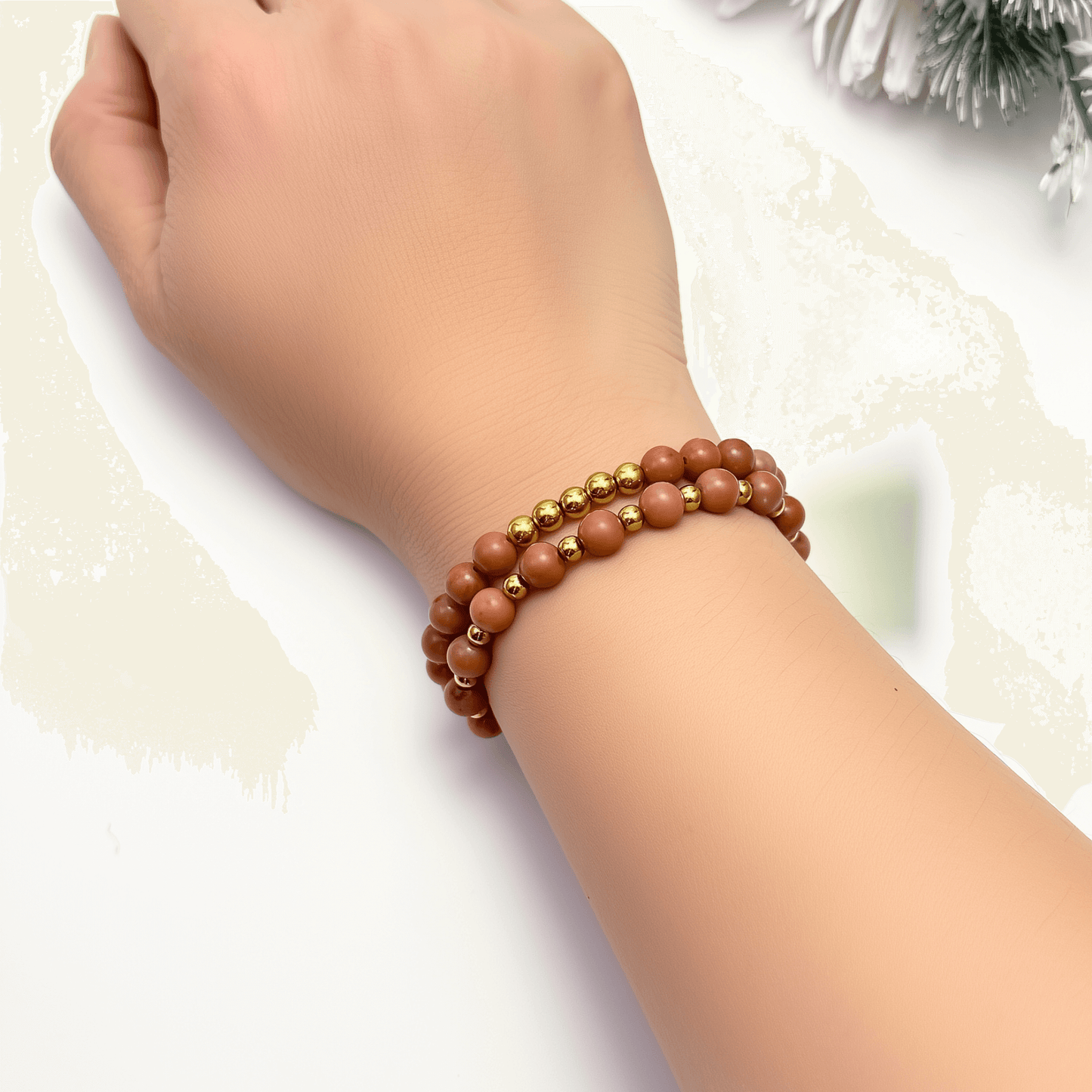 peach jade stretch bracelet set with gold accents – natural gemstone jewelry