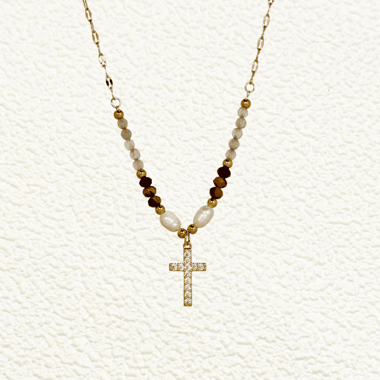 Gold cross pendant necklace with multicolour zircon, freshwater pearls, and natural gemstones – MXW Jewellery