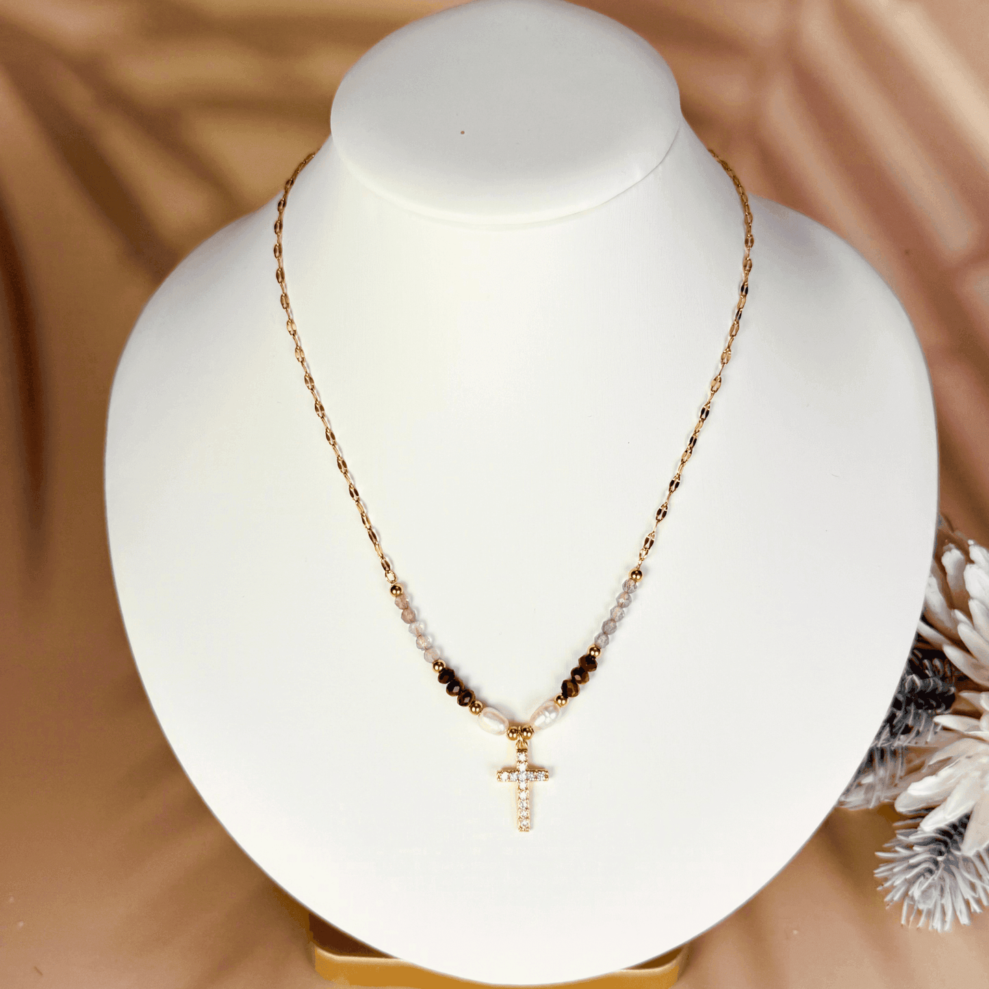 Gold cross pendant necklace with multicolour zircon, freshwater pearls, and natural gemstones – MXW Jewellery