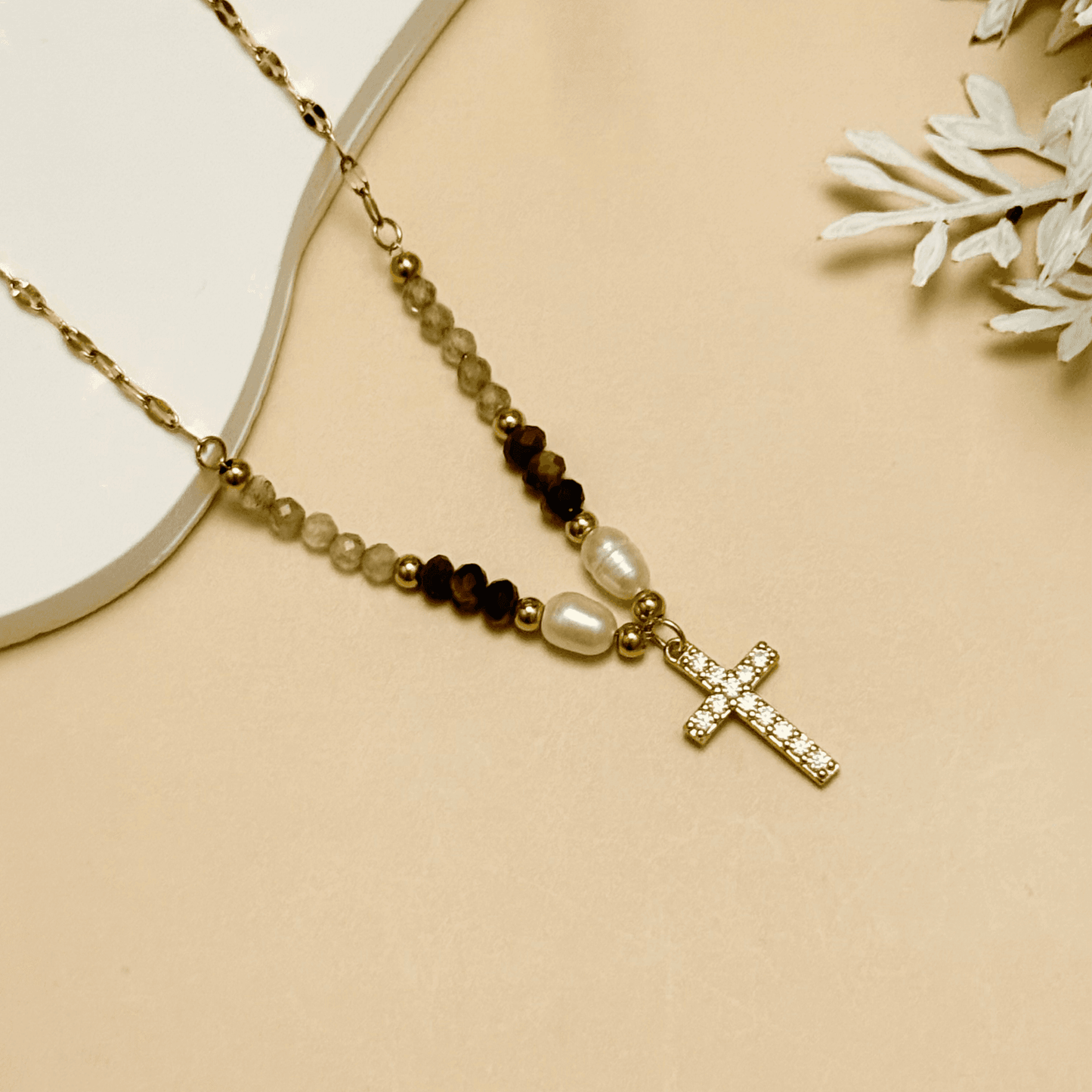 Gold cross pendant necklace with multicolour zircon, freshwater pearls, and natural gemstones – MXW Jewellery