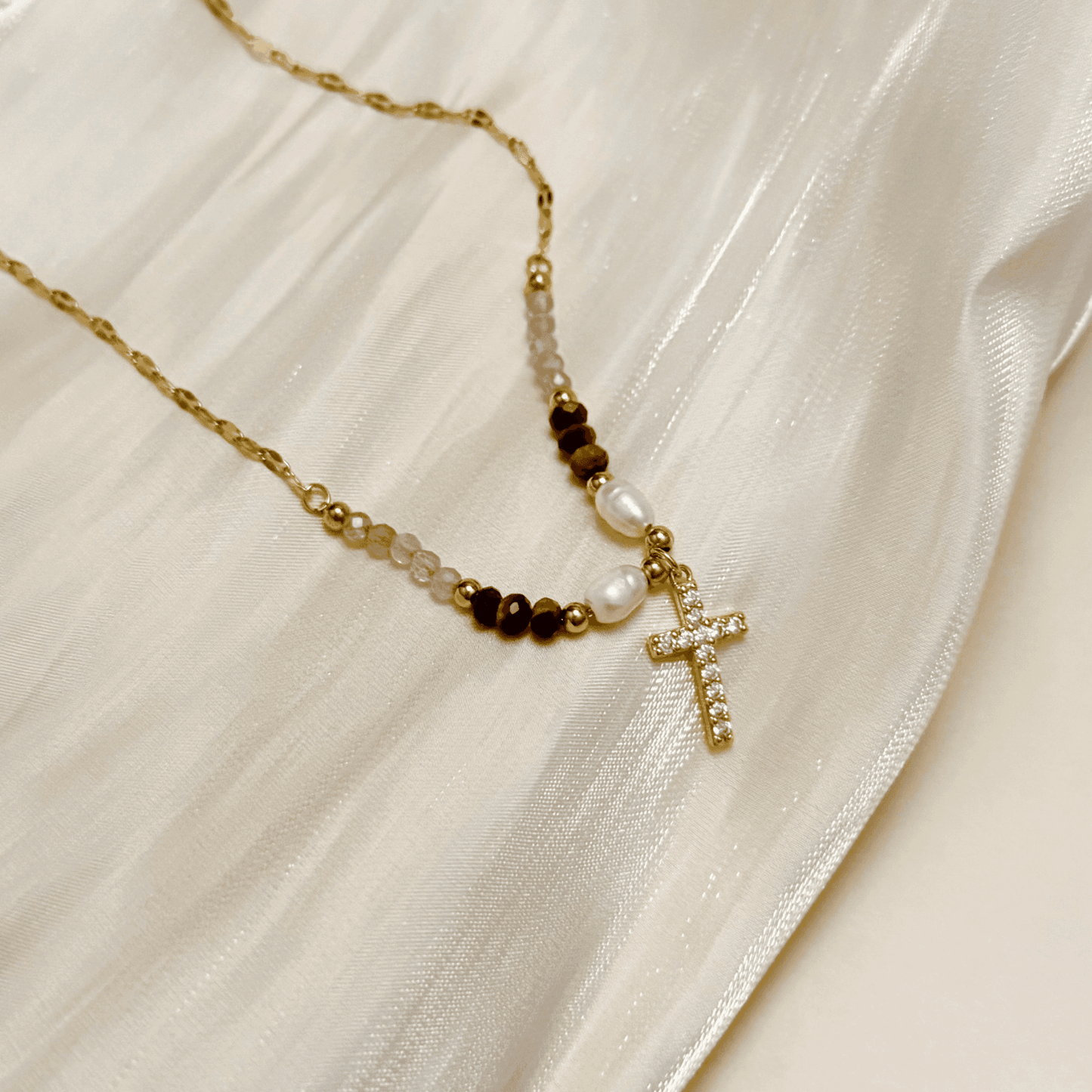 Gold cross pendant necklace with multicolour zircon, freshwater pearls, and natural gemstones – MXW Jewellery