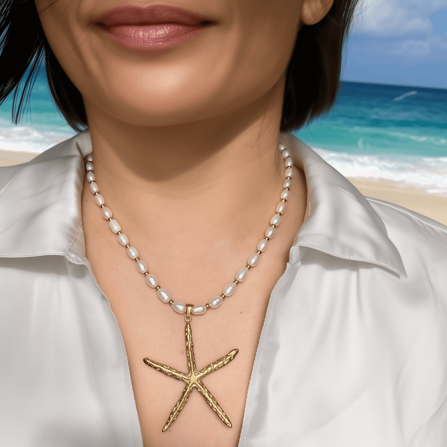 Bold gold starfish pendant on freshwater pearl necklace