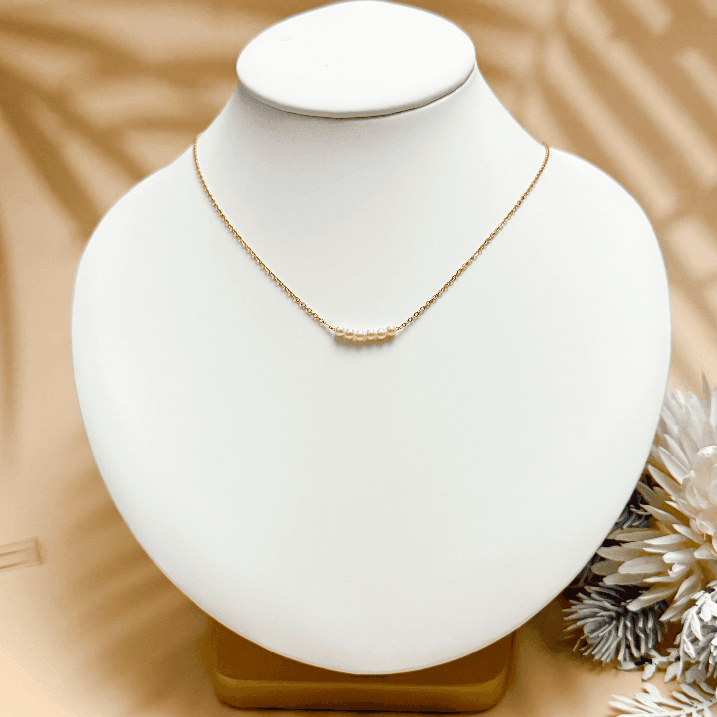 Minimalist necklace with petite 3mm Swarovski crystal pearl bar on gold and silver chains – elegant everyday jewellery