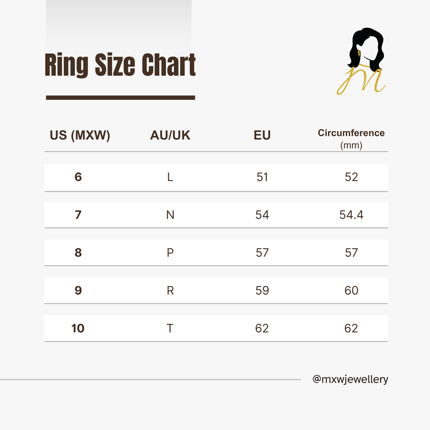 Ring size chart for MXW Jewellery - Find your perfect fit with our size guide for adjustable and standard rings.