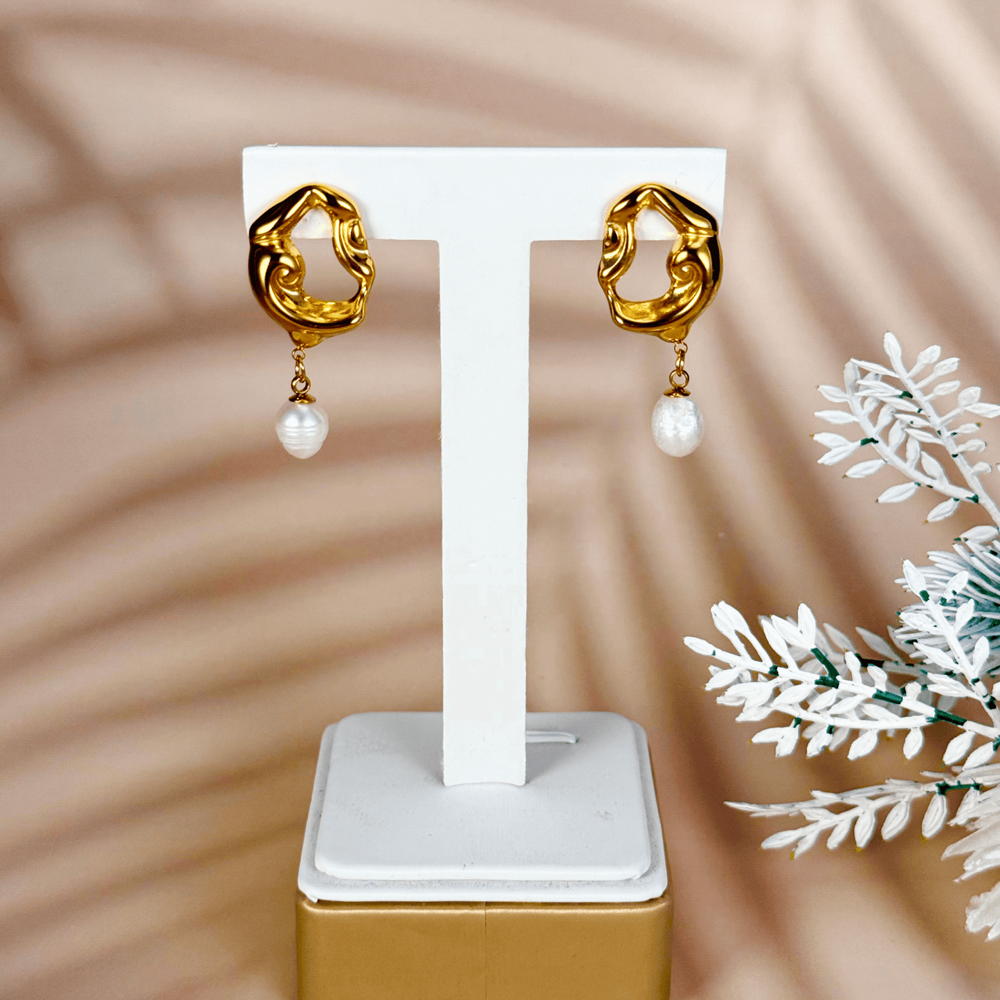 Sculpted gold and silver wave earrings with natural freshwater pearl drops – waterproof, tarnish-resistant minimalist jewellery by MXW Jewellery