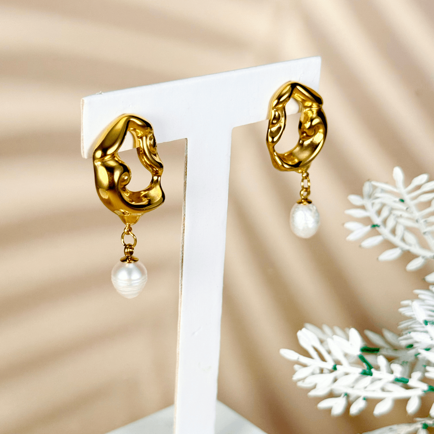 Sculpted gold and silver wave earrings with natural freshwater pearl drops – waterproof, tarnish-resistant minimalist jewellery by MXW Jewellery