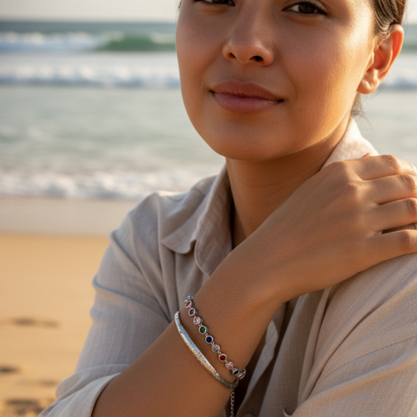 silver rainbow crystal tennis bracelet with multi-coloured bezel-set stones.