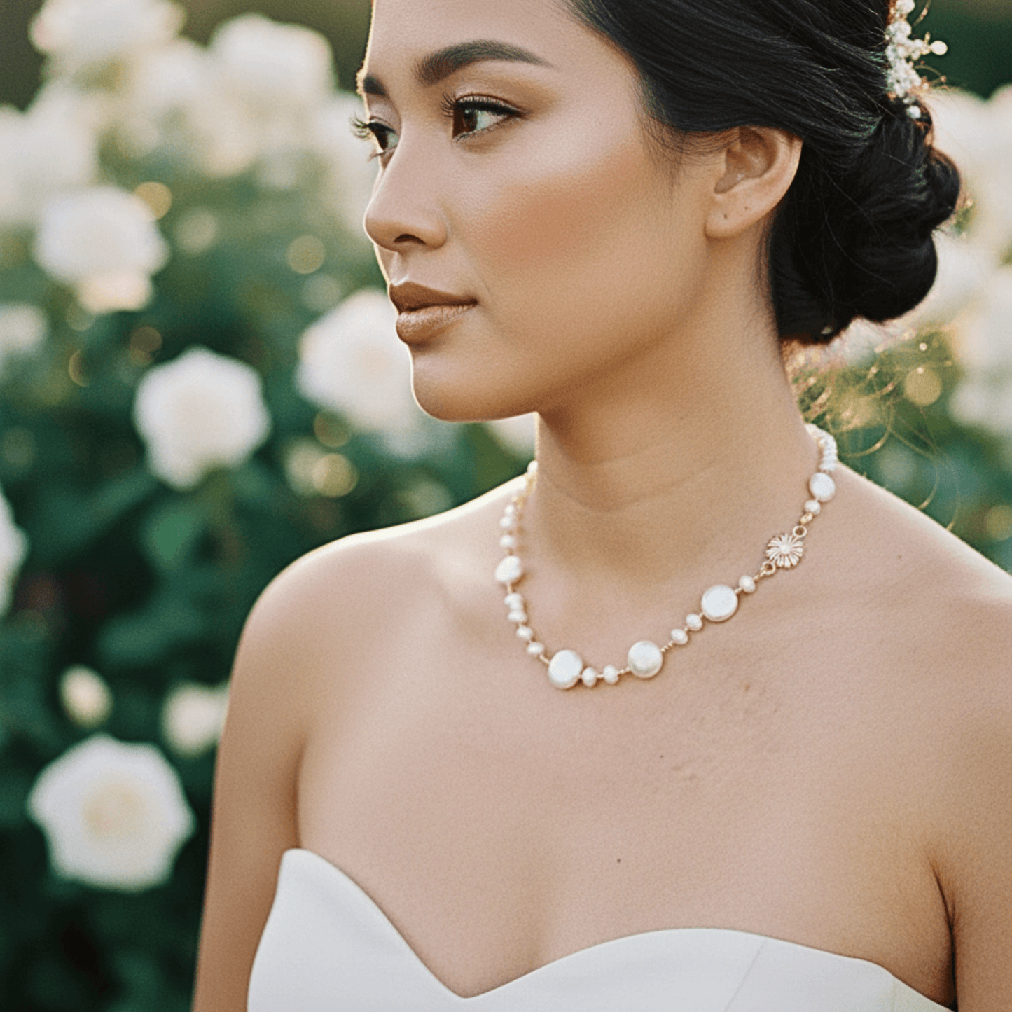Gold and pearl sunburst necklace with baroque pearls and vintage-inspired design