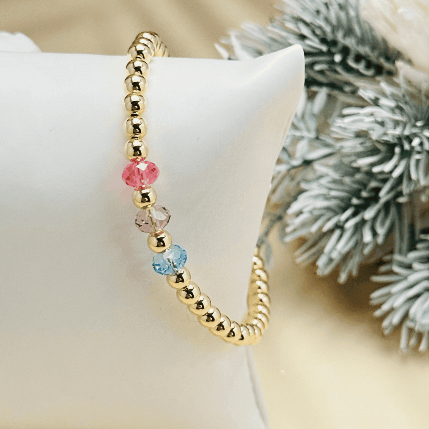 Personalised Swarovski birthstone beaded bracelet in gold-filled and sterling silver options, waterproof and customisable design by MXW Jewellery.