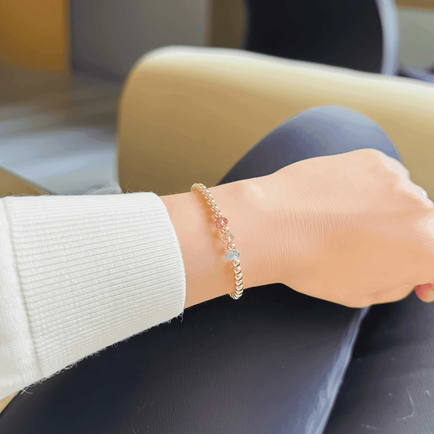 Personalised Swarovski birthstone beaded bracelet in gold-filled and sterling silver options, waterproof and customisable design by MXW Jewellery.