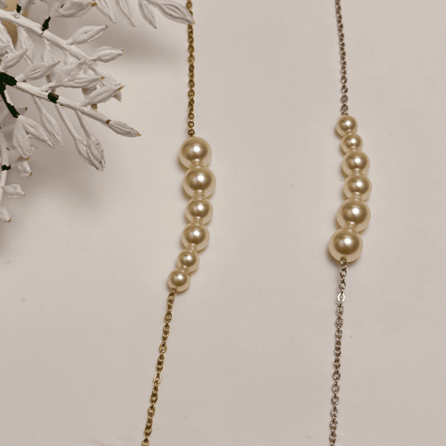 Tapered bar Swarovski crystal pearl necklace with gold and silver stainless steel chains, minimalist elegant design by MXW Jewellery.