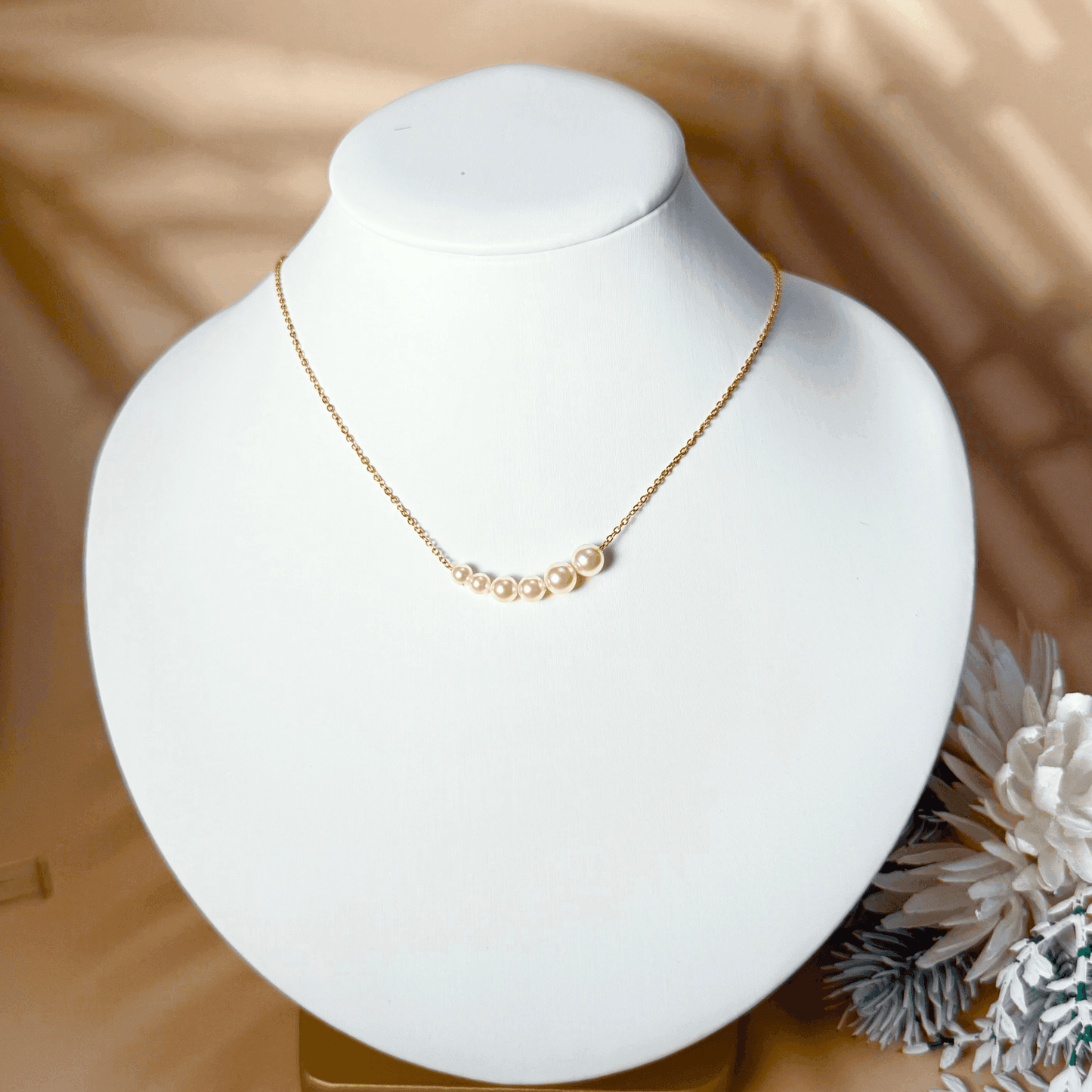 Tapered bar Swarovski crystal pearl necklace with gold and silver stainless steel chains, minimalist elegant design by MXW Jewellery.
