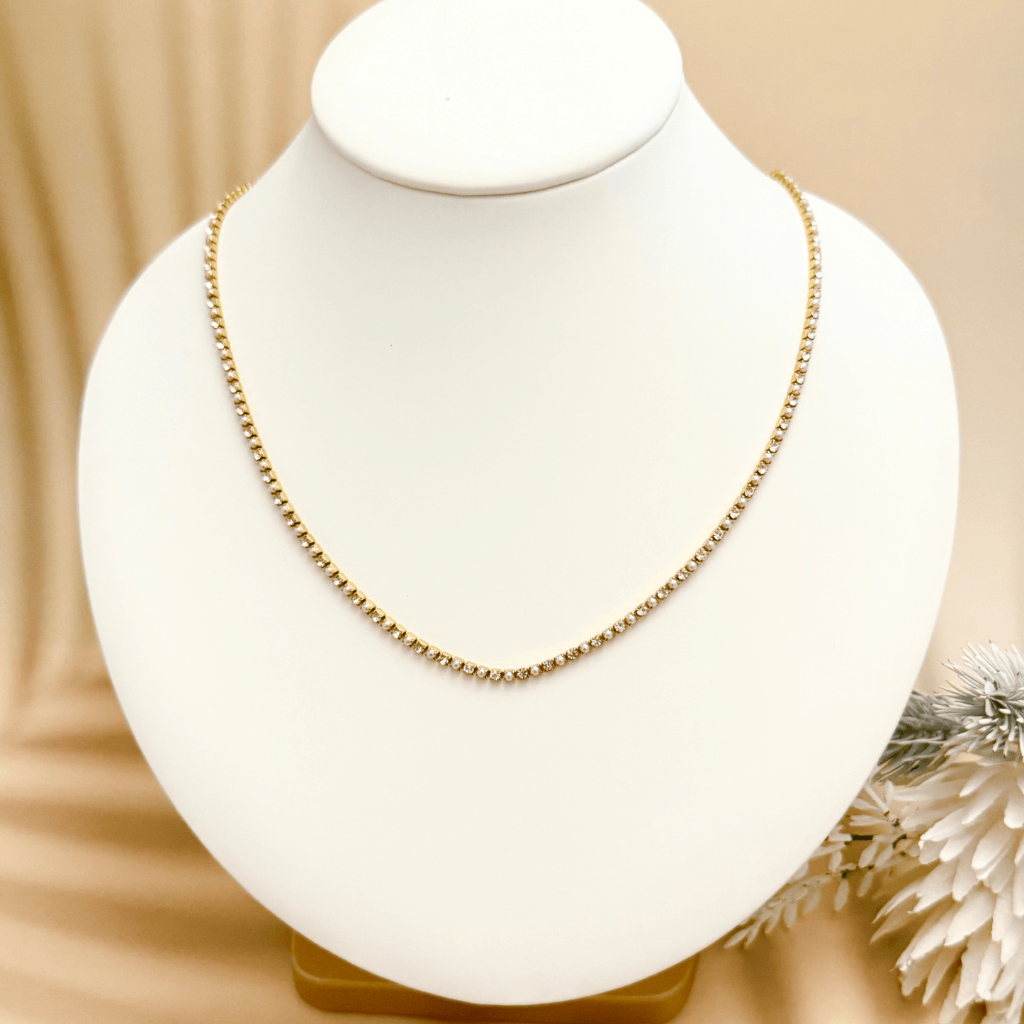 Tennis Zircon Gold Chain with cubic zirconia stones in gold prong setting on stainless steel chain