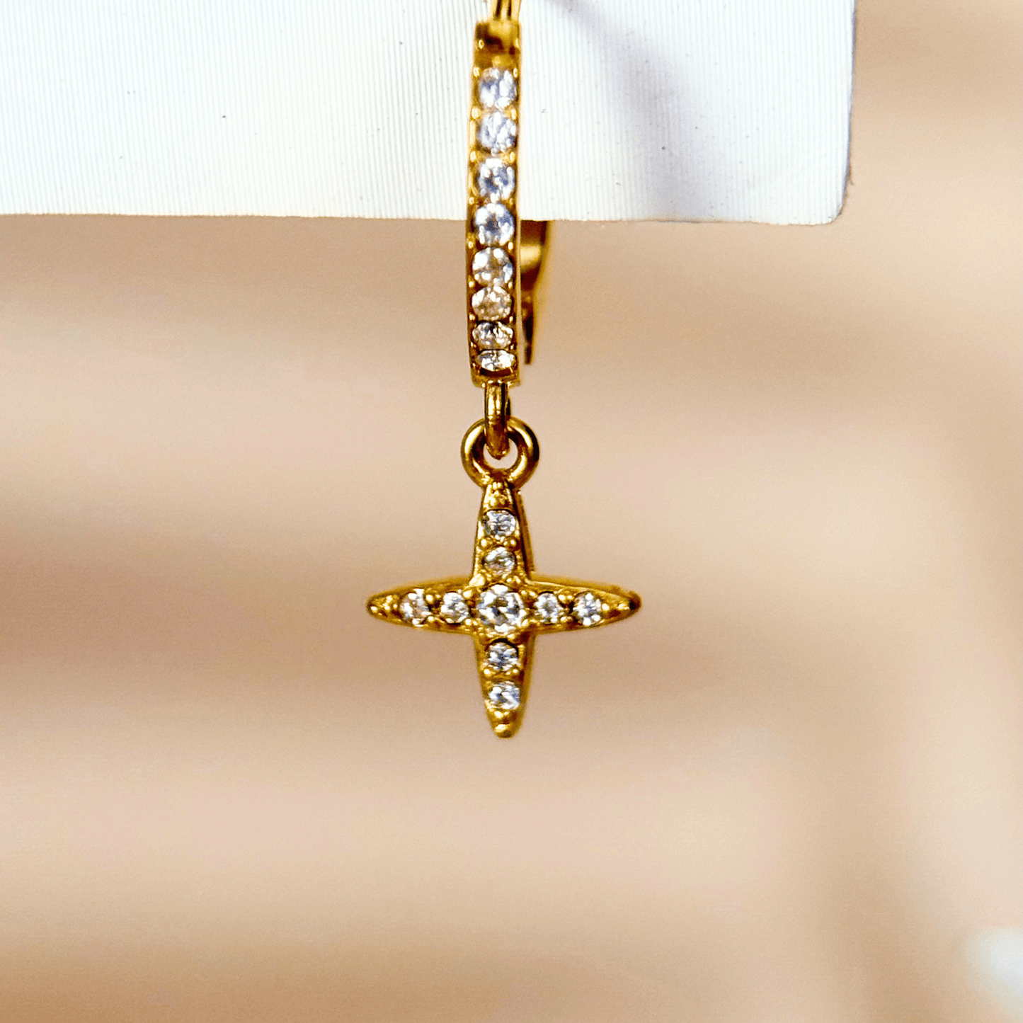 Gold tiny cross zircon huggie hoop earrings with pavé zircon details – MXW Jewellery