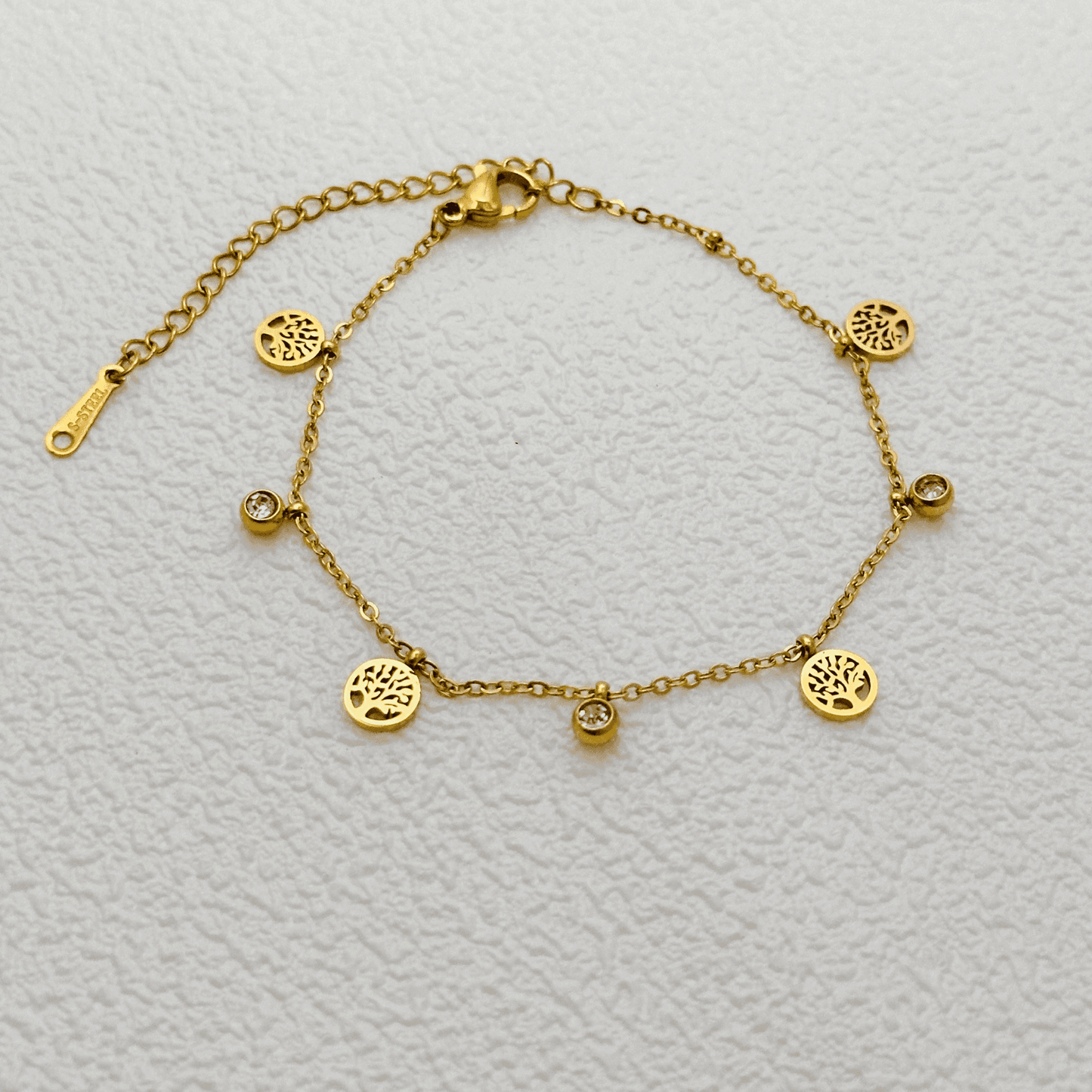 Tree of Life gold bracelet with zircon accents, waterproof and tarnish-resistant.