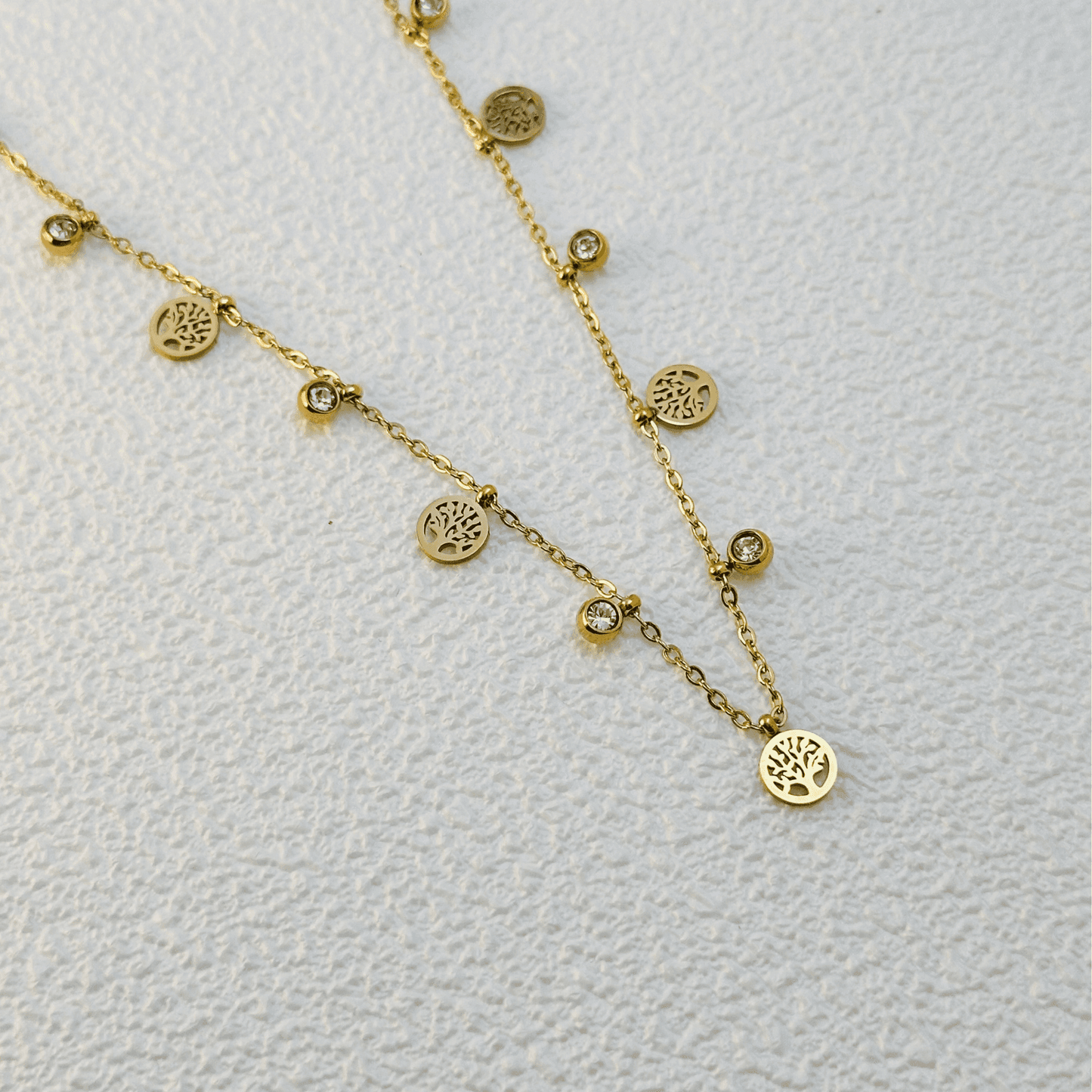 Tree of Life gold necklace with zircon accents, waterproof and tarnish-resistant.