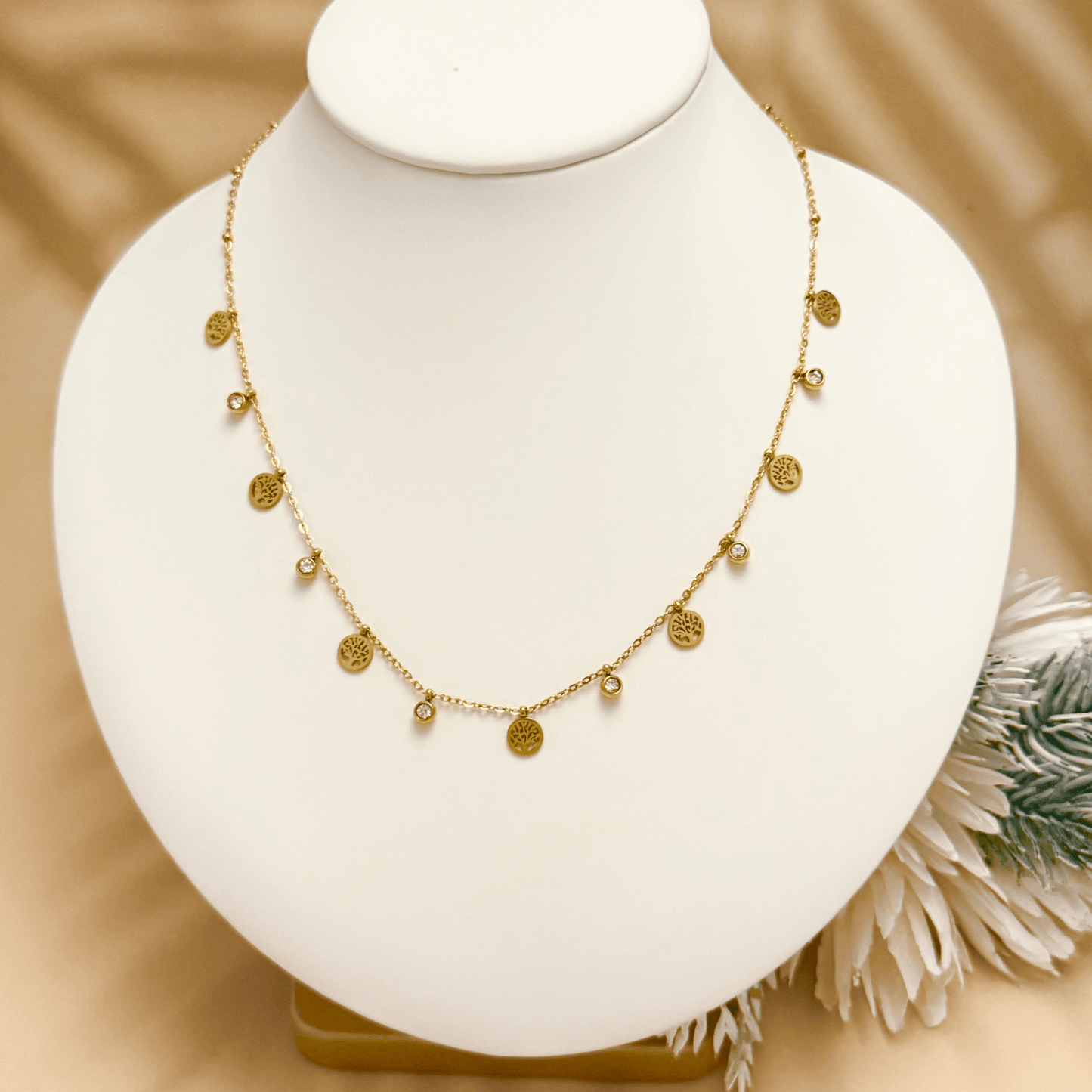 Tree of Life gold necklace with zircon accents, waterproof and tarnish-resistant.