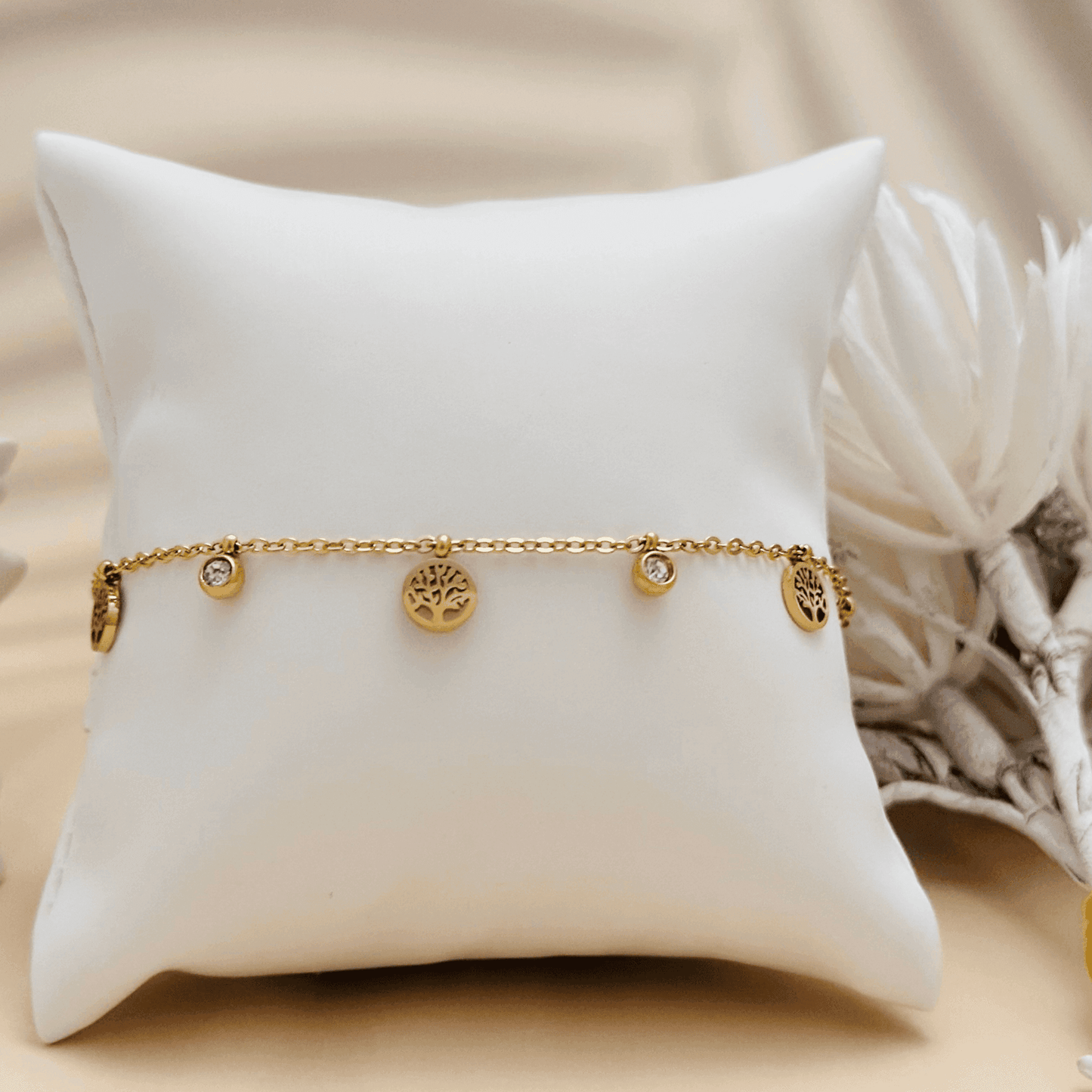 Tree of Life gold necklace or bracelet with zircon accents, waterproof and tarnish-resistant.